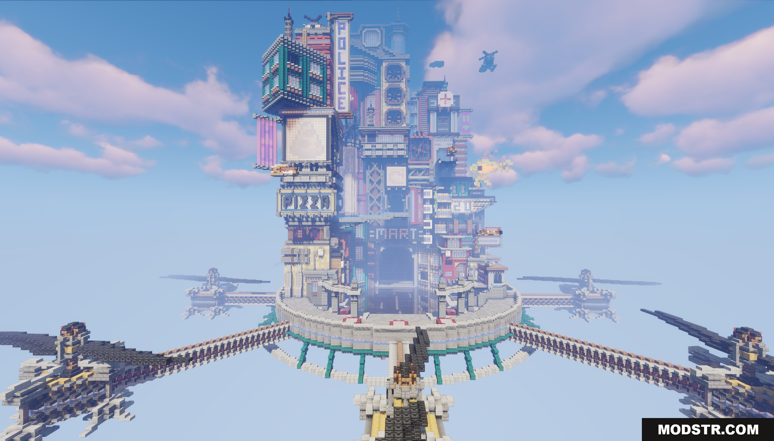 Cyberpunk Island City Map Screenshot 2 Wide view of the floating city with flying vehicles