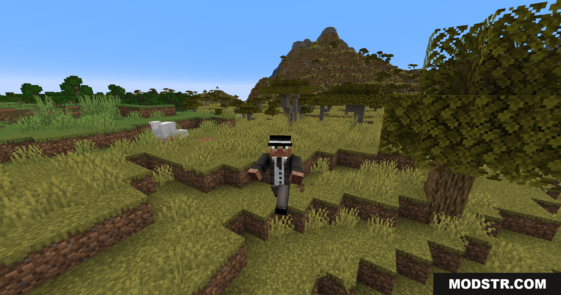 Dap Ur Homies Mod Screenshot 5 Player in a black suit running across a grassy savanna biome
