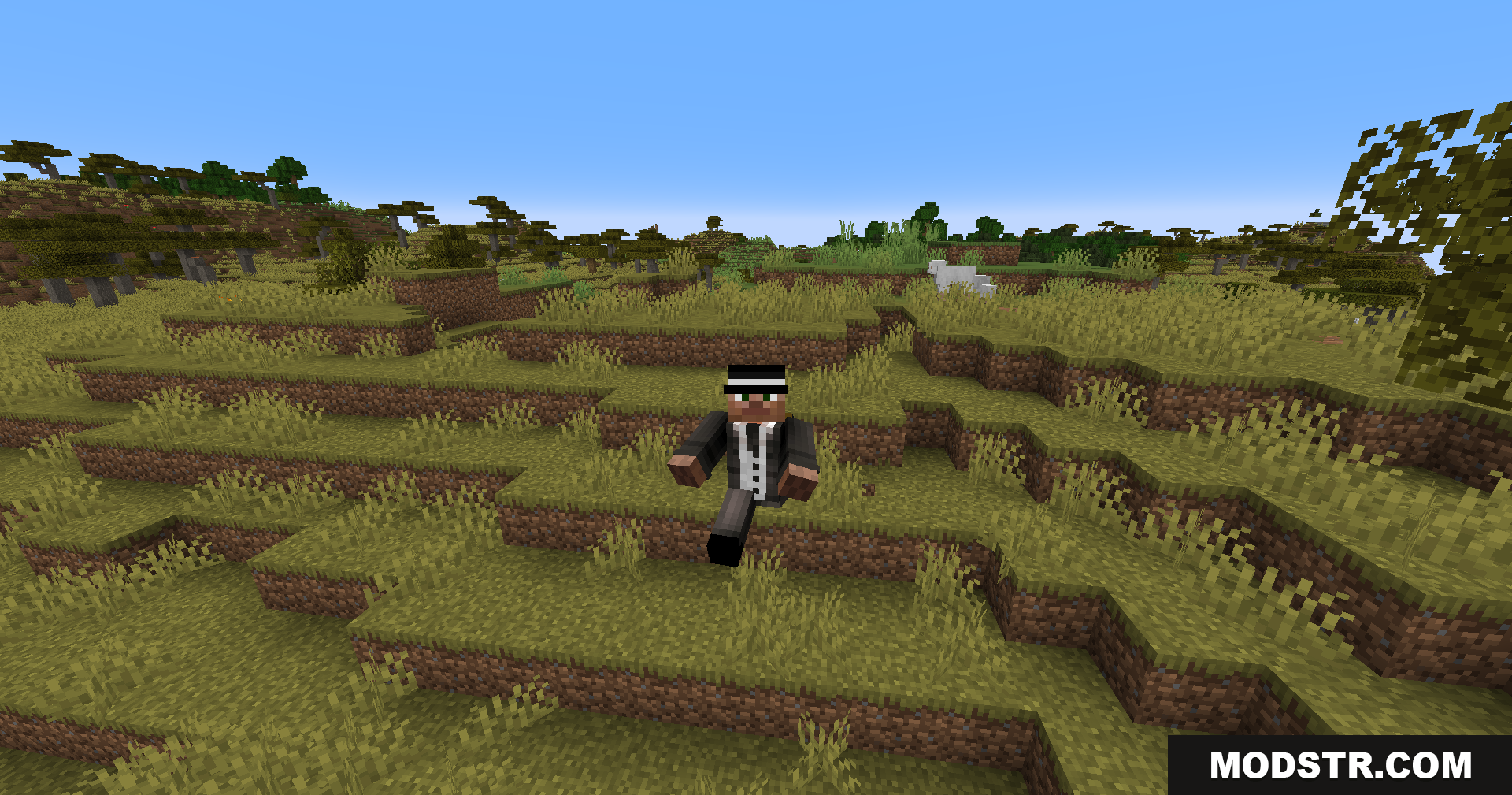 Dap Ur Homies Mod Screenshot 6 Player in a black suit jumping through the air in a savanna