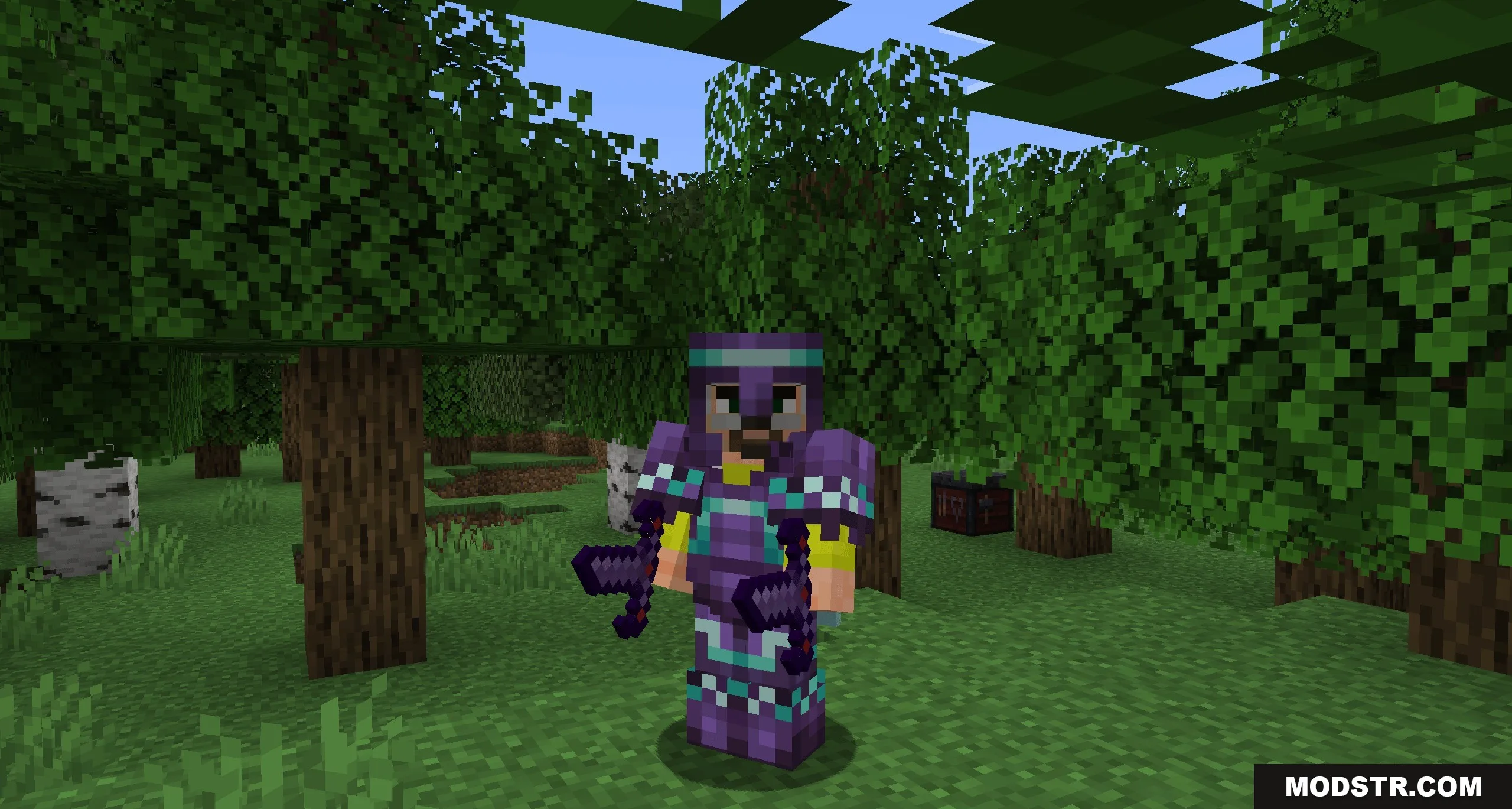 Dark Blades Armor Trims Data Pack Screenshot 1 A Minecraft player wearing purple armor with cyan trims in a forest
