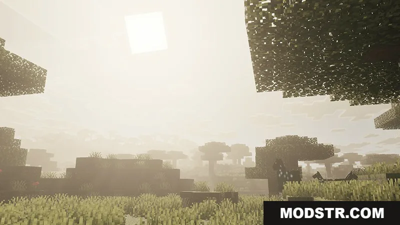 Bright square sun shining over a foggy savanna biome with grazing horses
