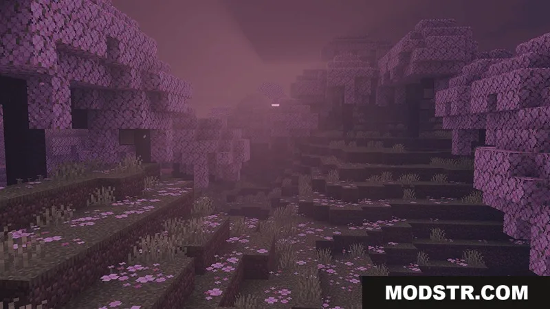 Mysterious thick fog covering a cherry blossom biome with muted pink colors