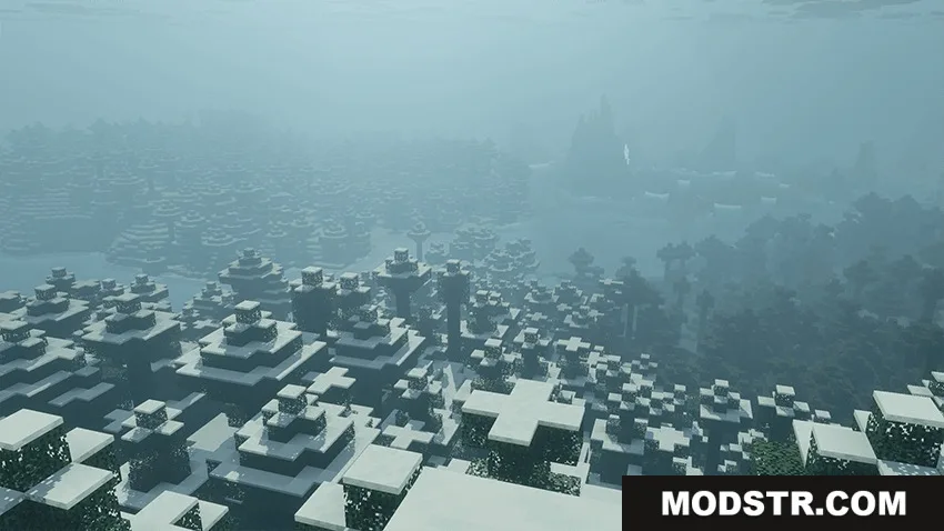 Snowy forest biome covered in thick mysterious fog with muted colors