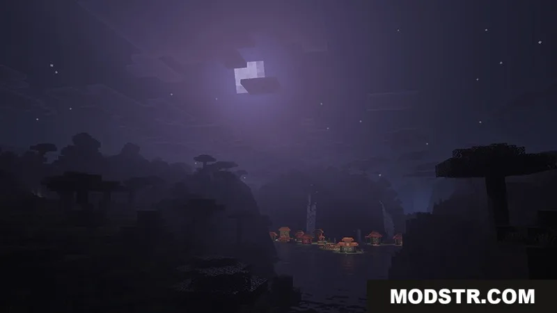 Mysterious night landscape with deep shadows and thick fog near a village