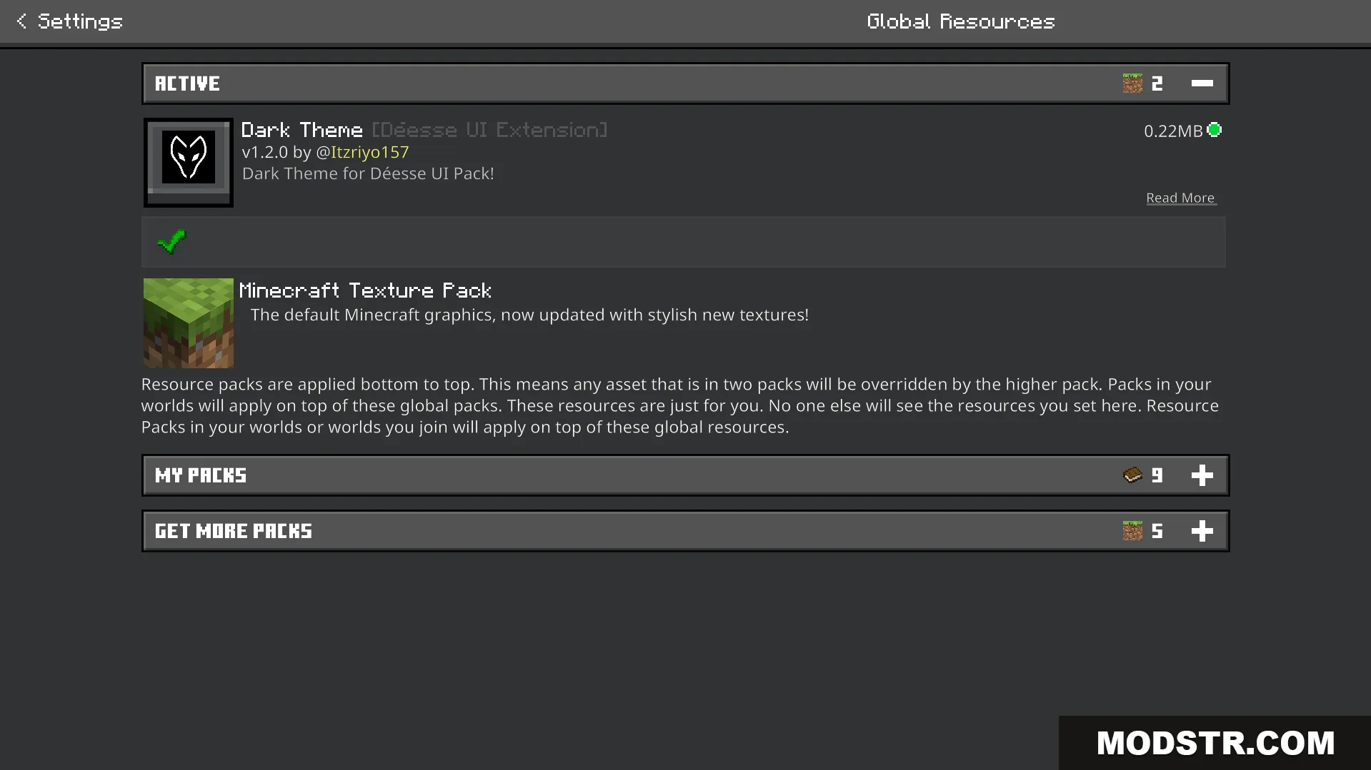 Dark Theme Texture Pack Screenshot 7 Minecraft global resources settings screen with the dark theme texture pack enabled
