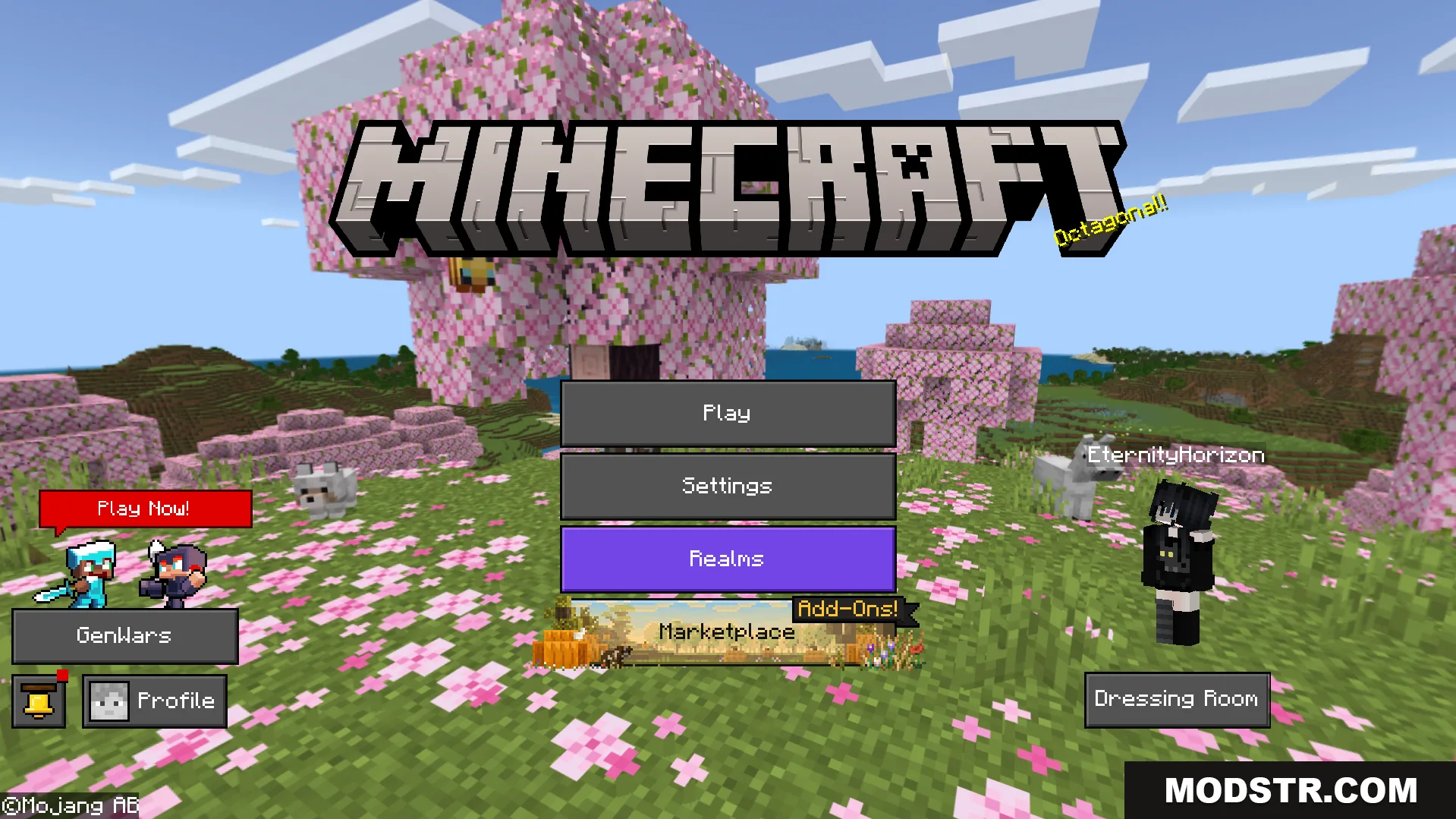 Dark Theme Texture Pack Screenshot 2 Main menu screen featuring custom dark buttons and a cherry blossom tree background