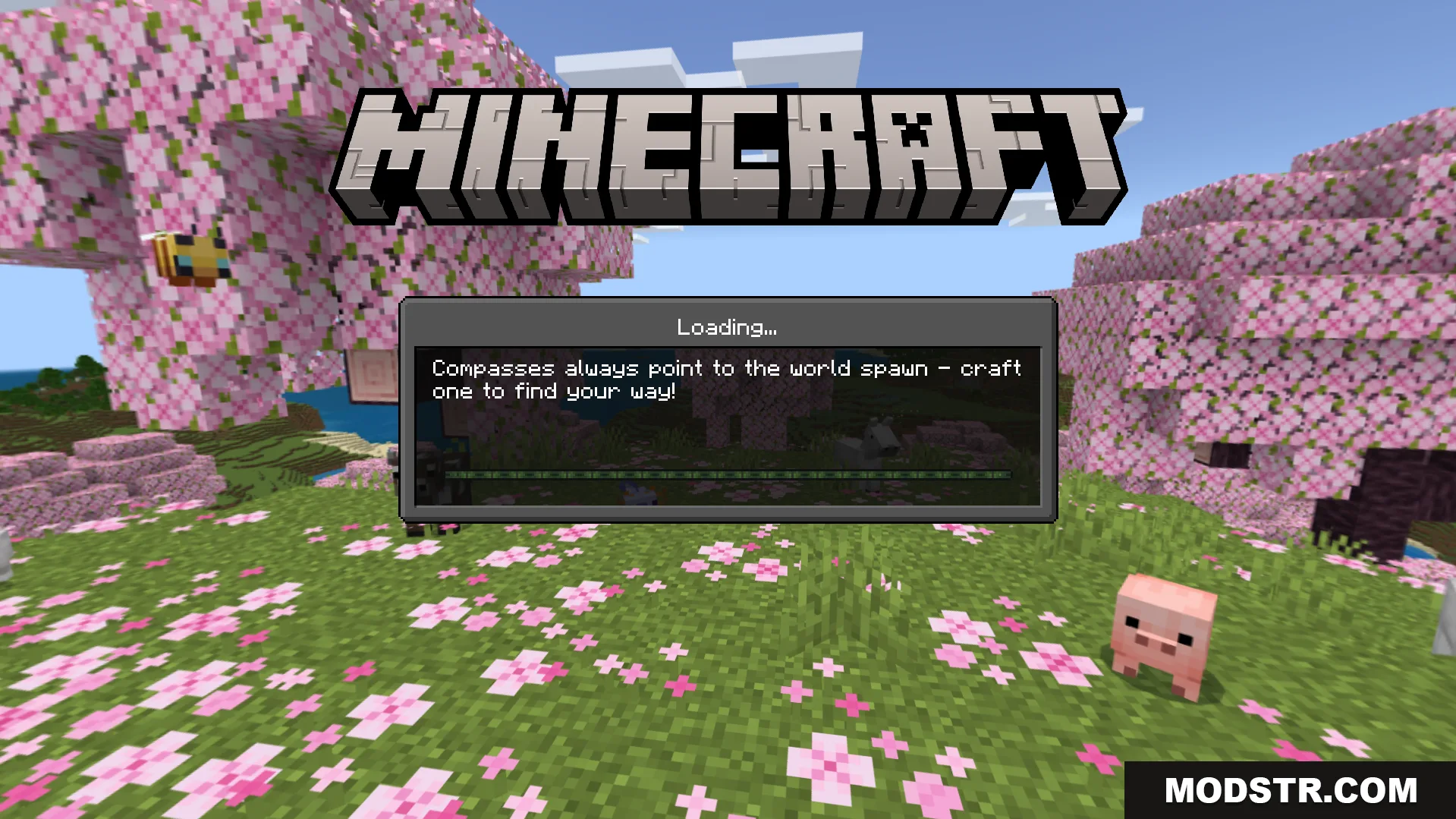 Dark Theme Texture Pack Screenshot 3 Minecraft loading screen featuring a dark grey box and cherry blossom biome background