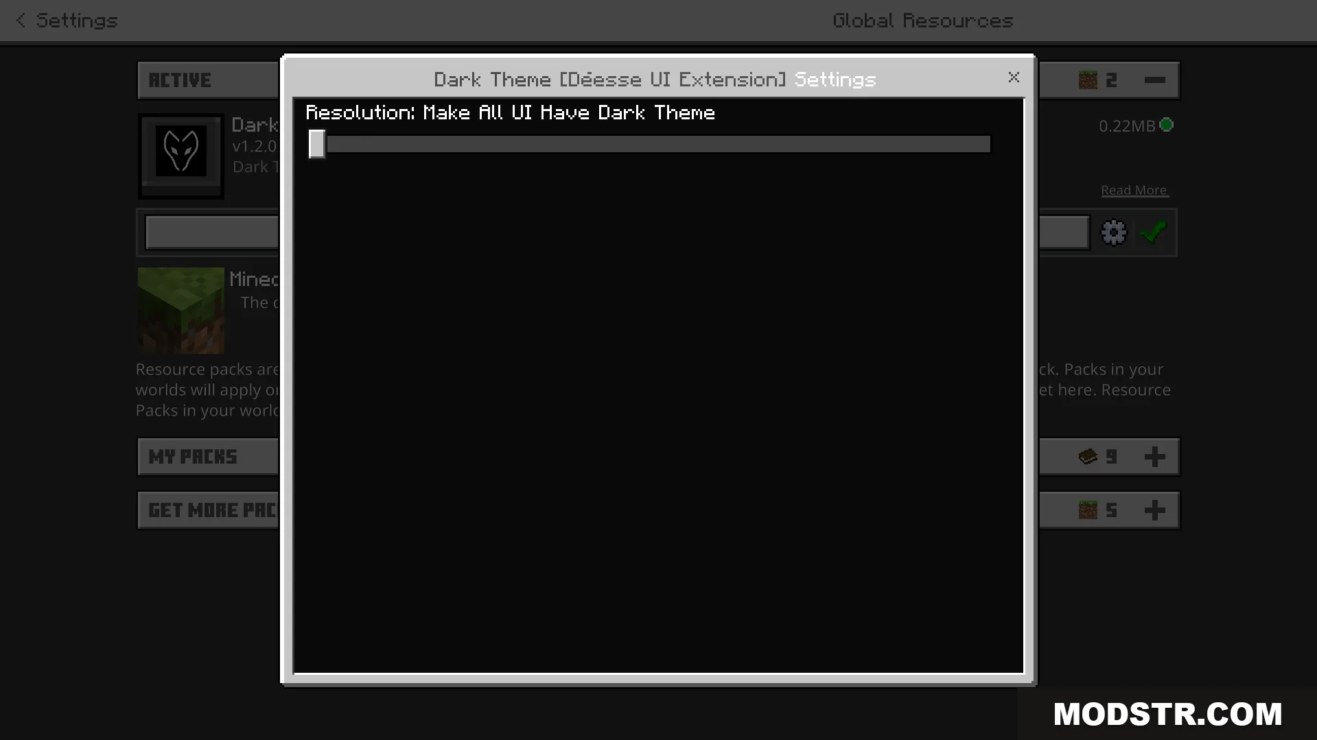 Dark Theme Texture Pack Screenshot 1 Settings menu showing the configuration slider for the Dark Theme texture pack options