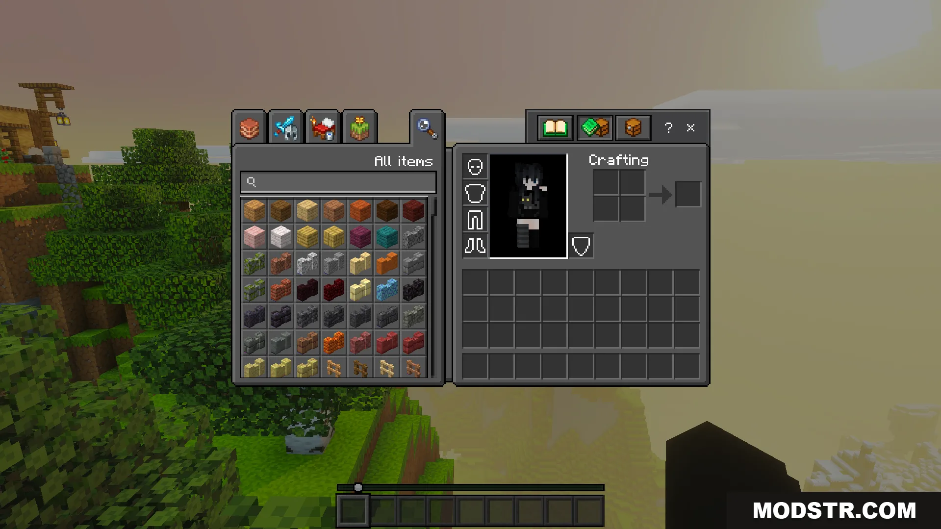 Dark UI Mode Texture Pack Screenshot 5 Creative inventory menu showing a dark grey theme and various building blocks