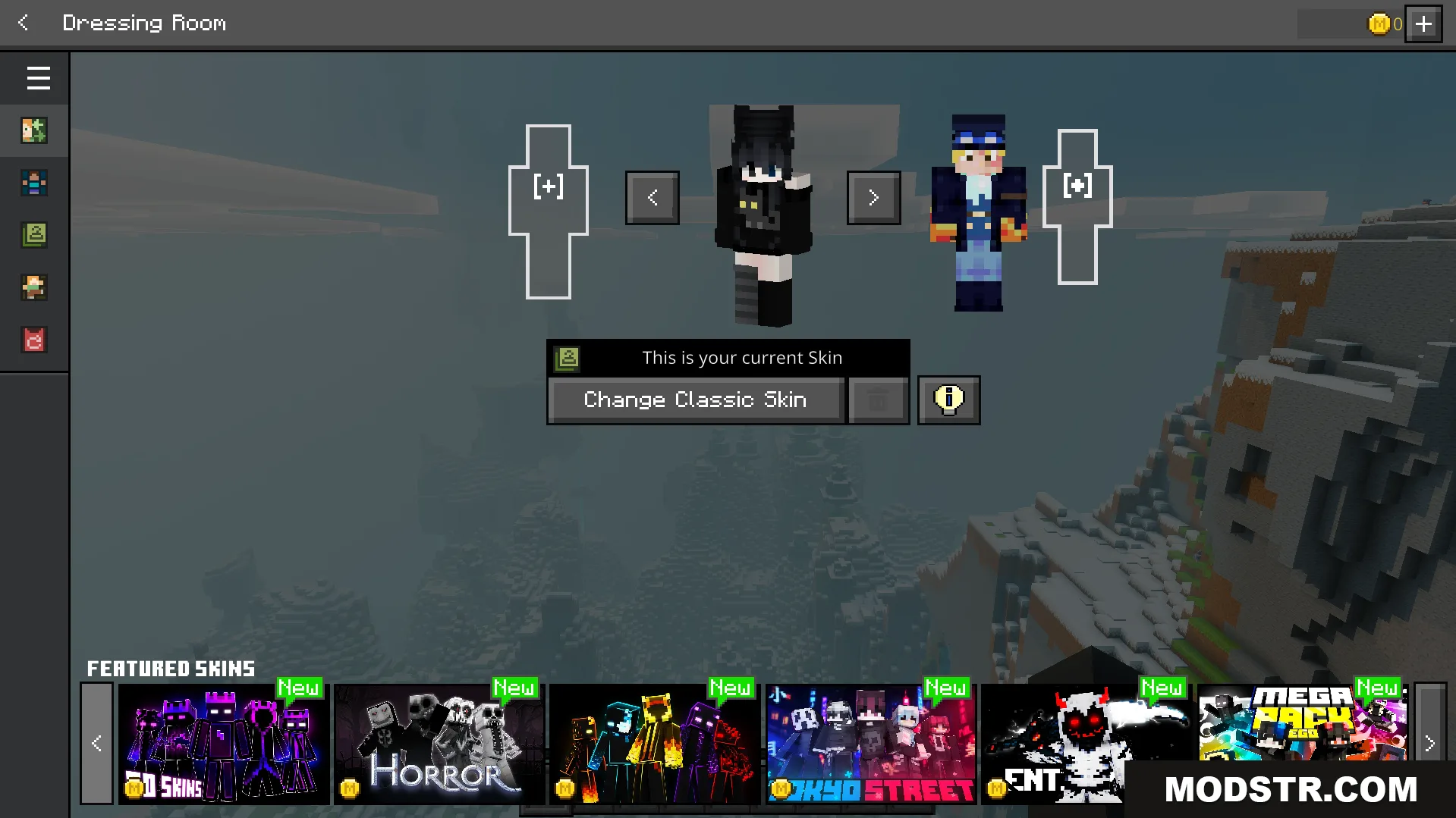 Dark UI Mode Texture Pack Screenshot 4 Dressing room screen with dark grey interface showing character skins and featured options