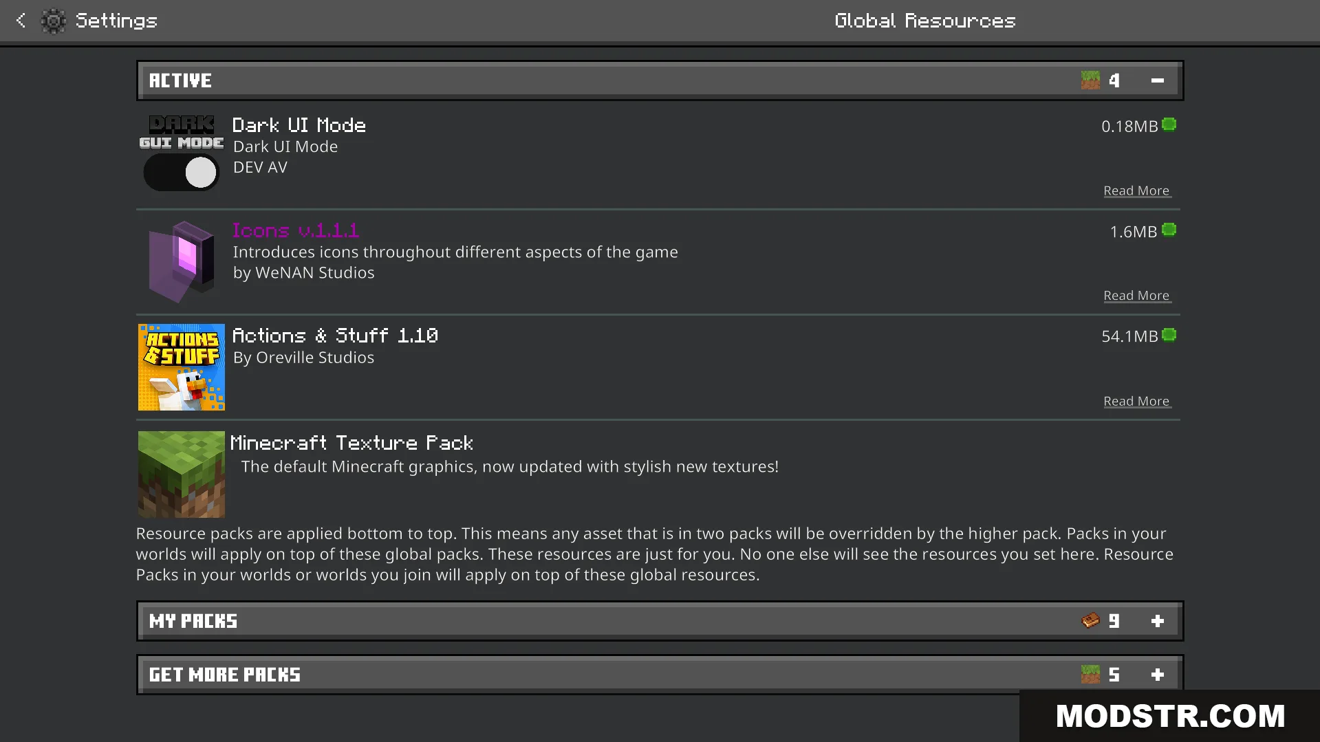 Dark UI Mode Texture Pack Screenshot 8 Global resources settings menu with a dark theme resource pack active