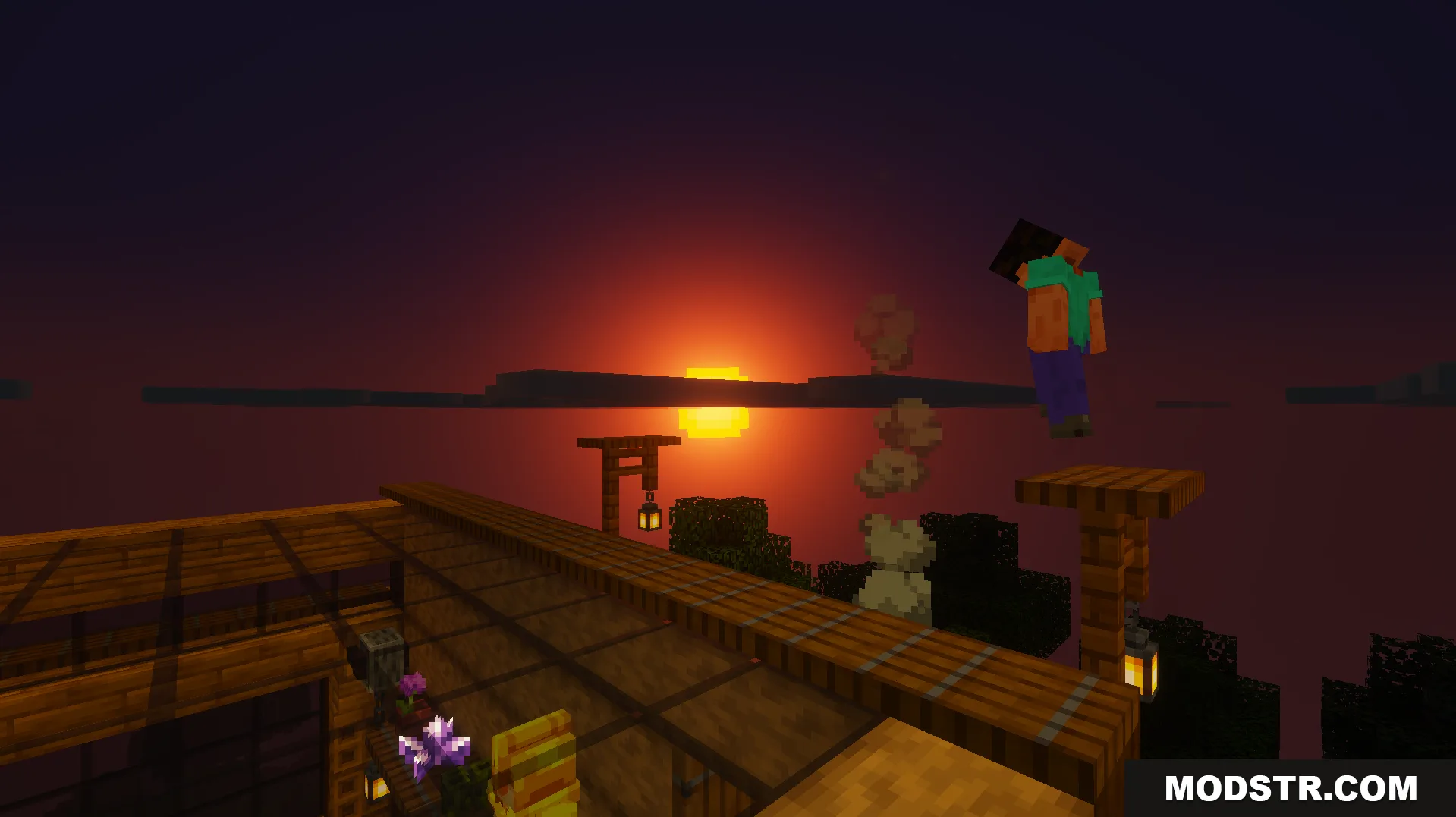 Dark UI Mode Texture Pack Screenshot 7 Player character jumping near a wooden building during a dark sunset