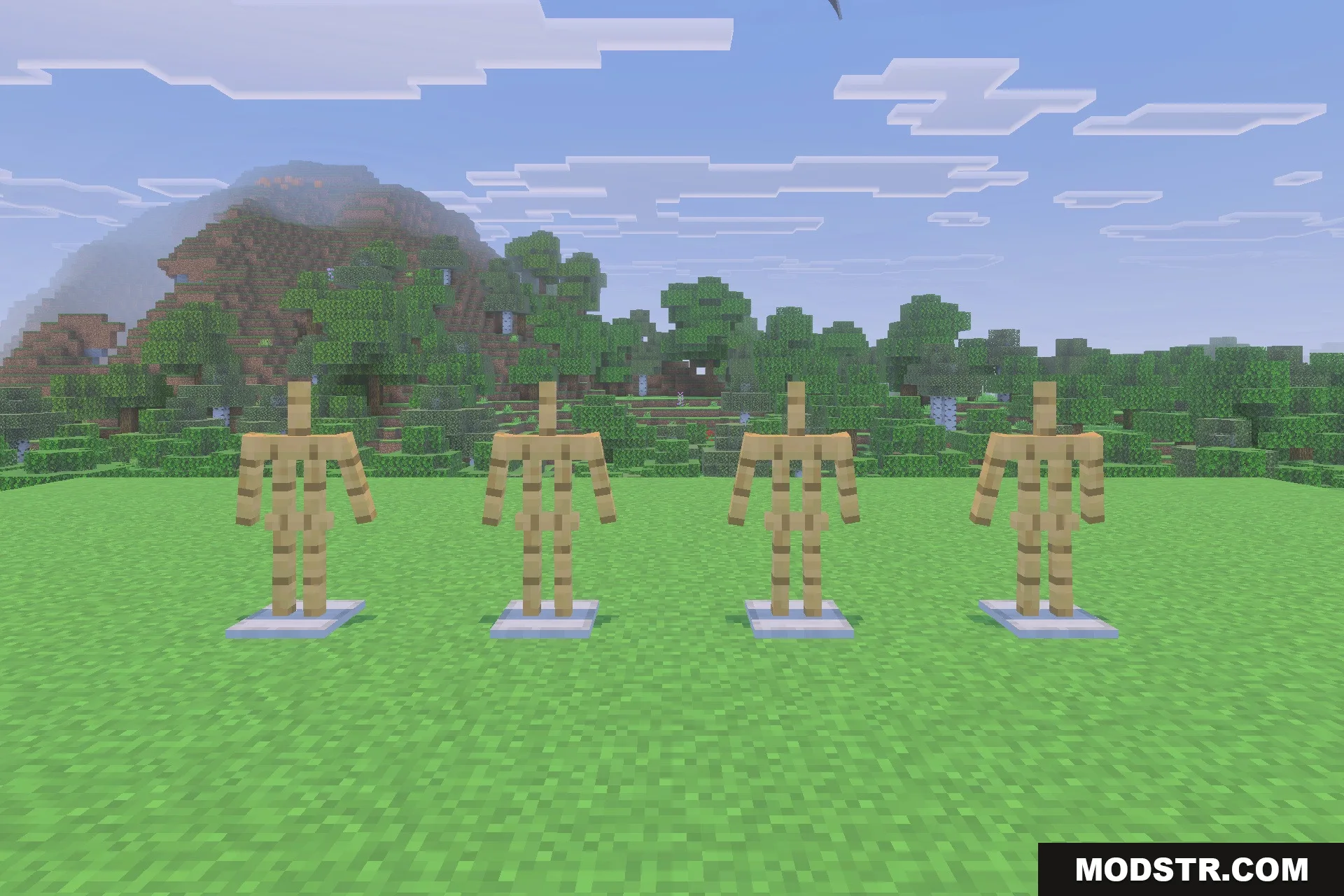 Decayed Reality V2.1 - Wither Storm Replica Addon Screenshot 4 Four empty armor stands placed in a row on a grass field