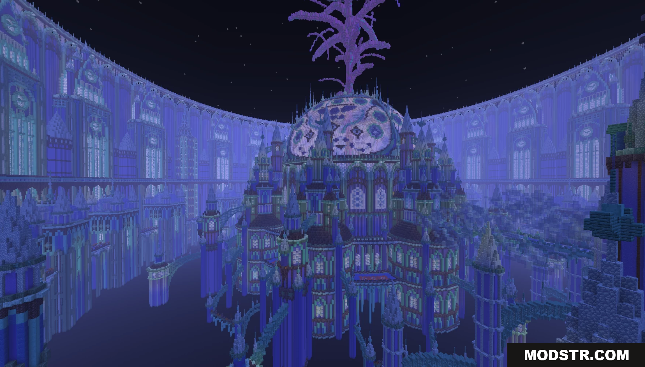 Deltarune Recreation Map Screenshot 6 A massive glowing blue and purple castle at night
