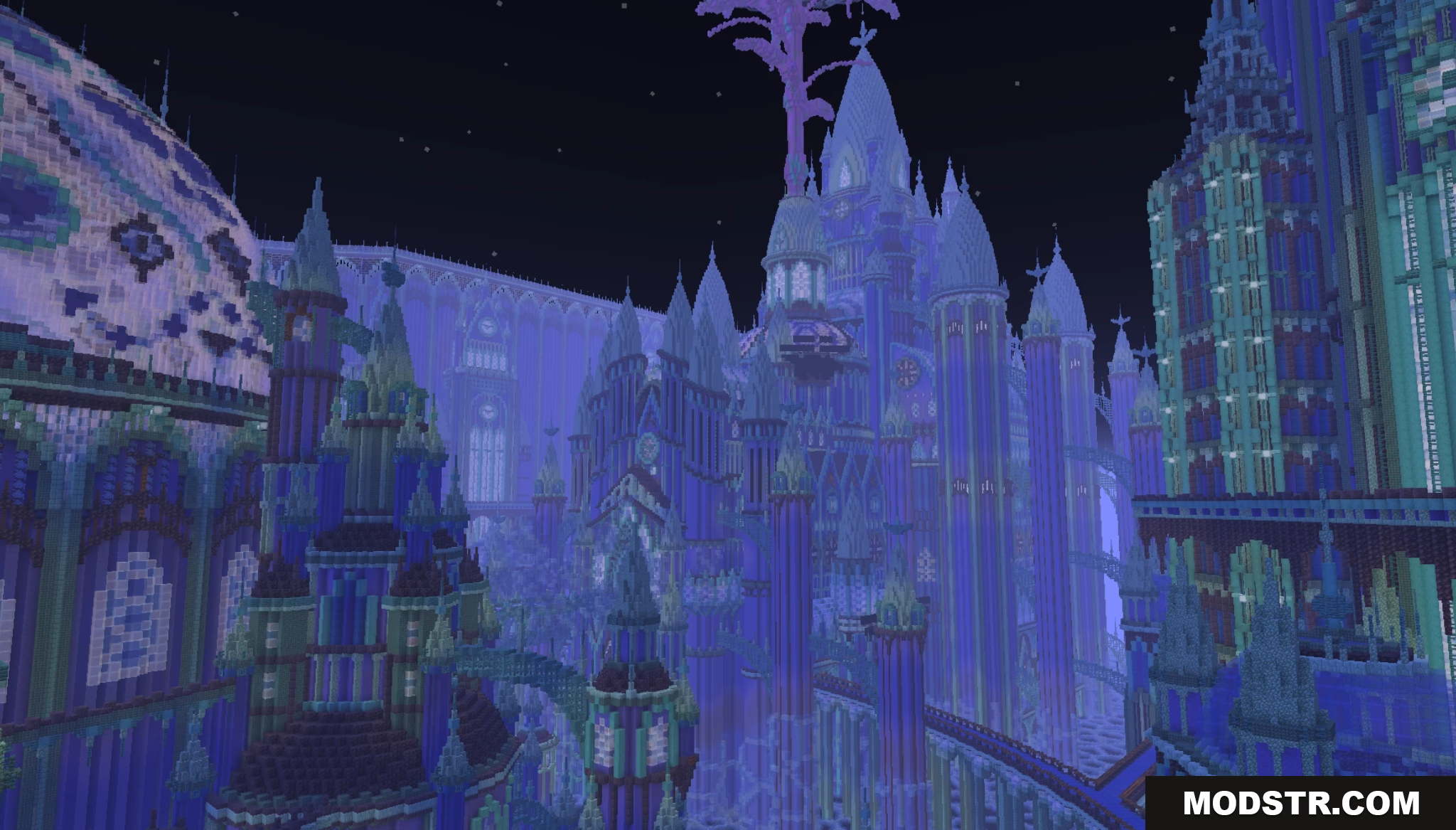Deltarune Recreation Map Screenshot 2 An enormous, glowing blue and purple castle at night