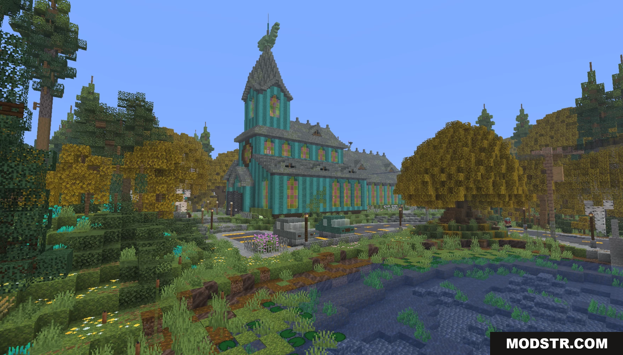 Deltarune Recreation Map Screenshot 9 Large teal mansion surrounded by autumn trees