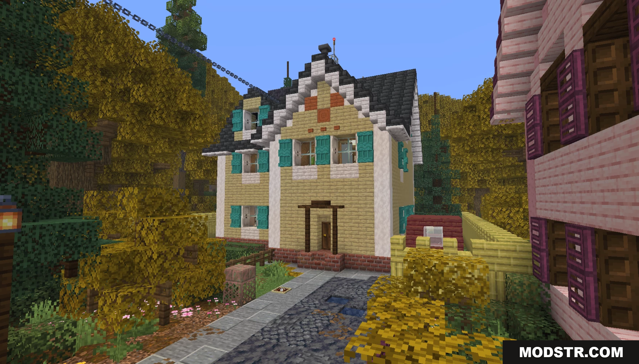 Deltarune Recreation Map Screenshot 8 Yellow suburban house with teal shutters in autumn