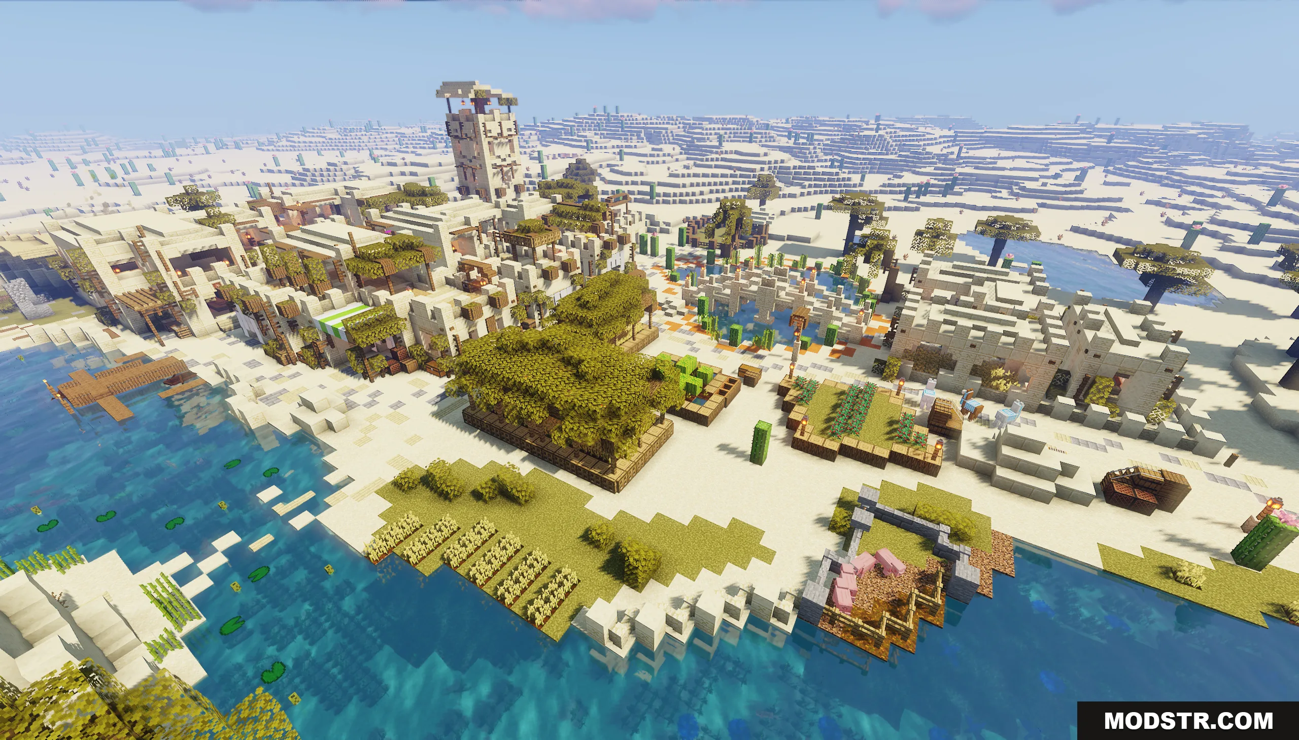 Aerial view of the Desert Oasis City Map featuring buildings and farms