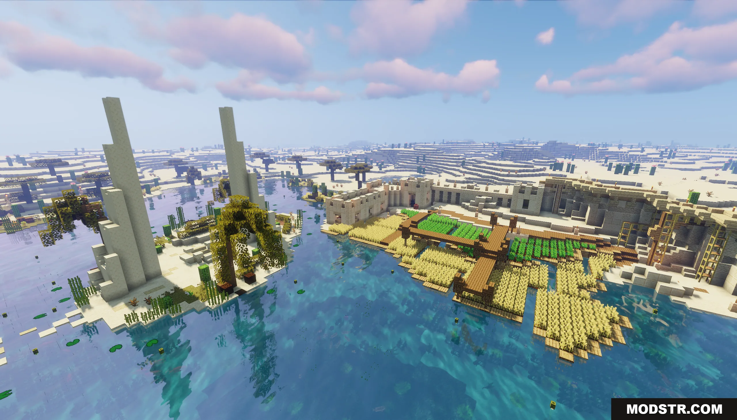 Desert Oasis City Map features lush farms and tall white structures near water