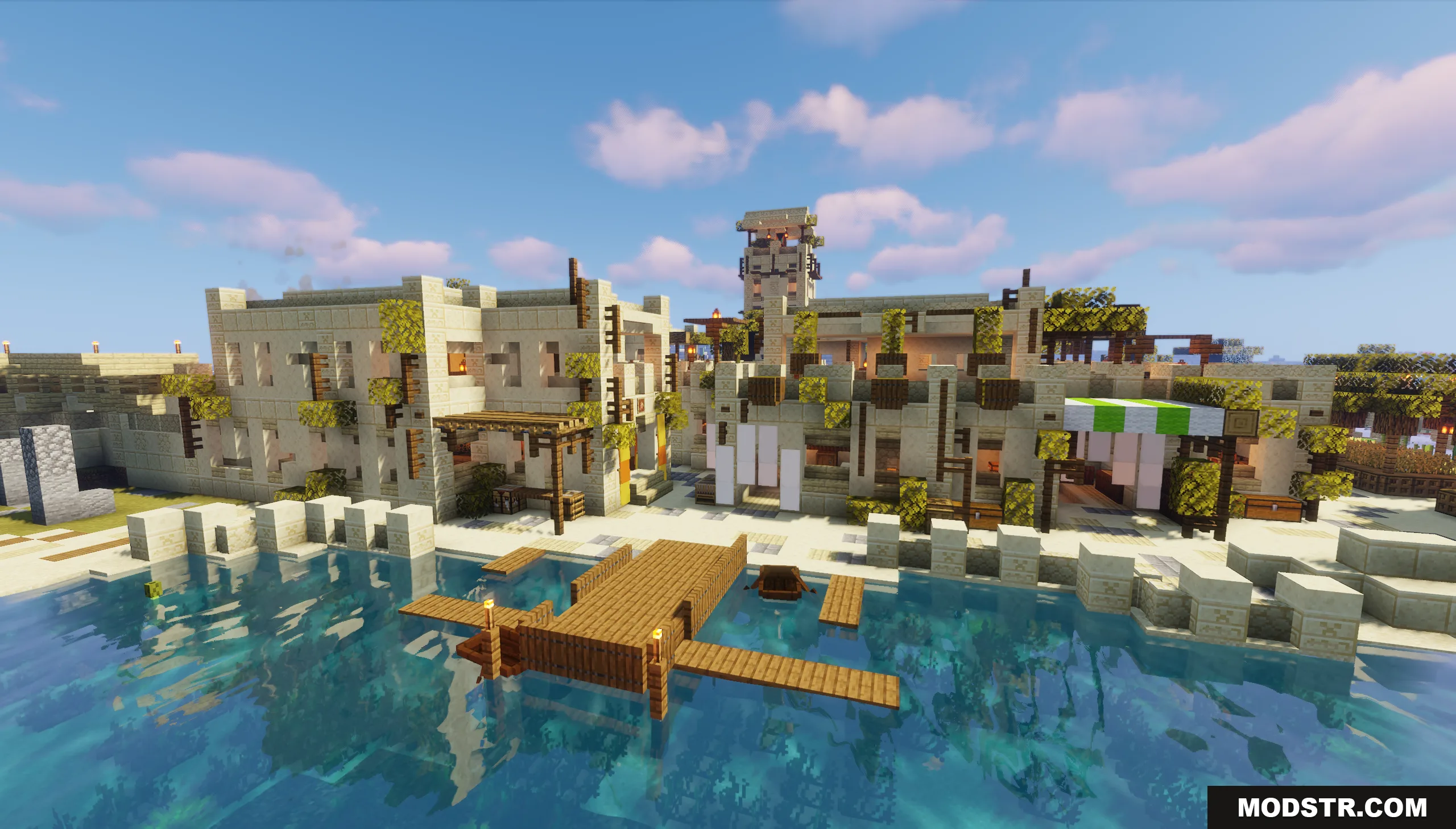 Detailed sandstone houses and a wooden pier overlooking a calm desert lake