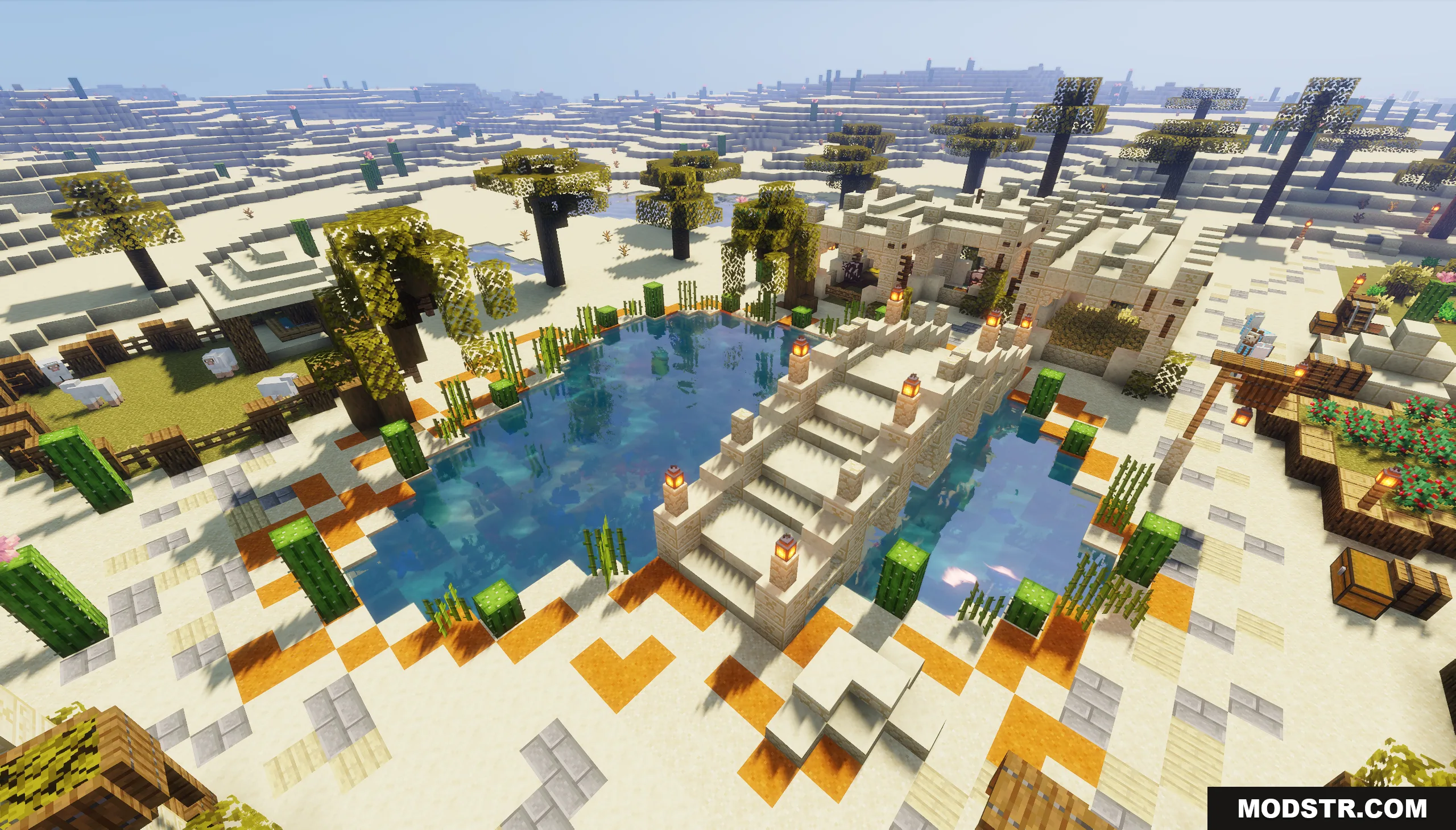 Stone bridge crossing a clear pond surrounded by palm trees and desert structures
