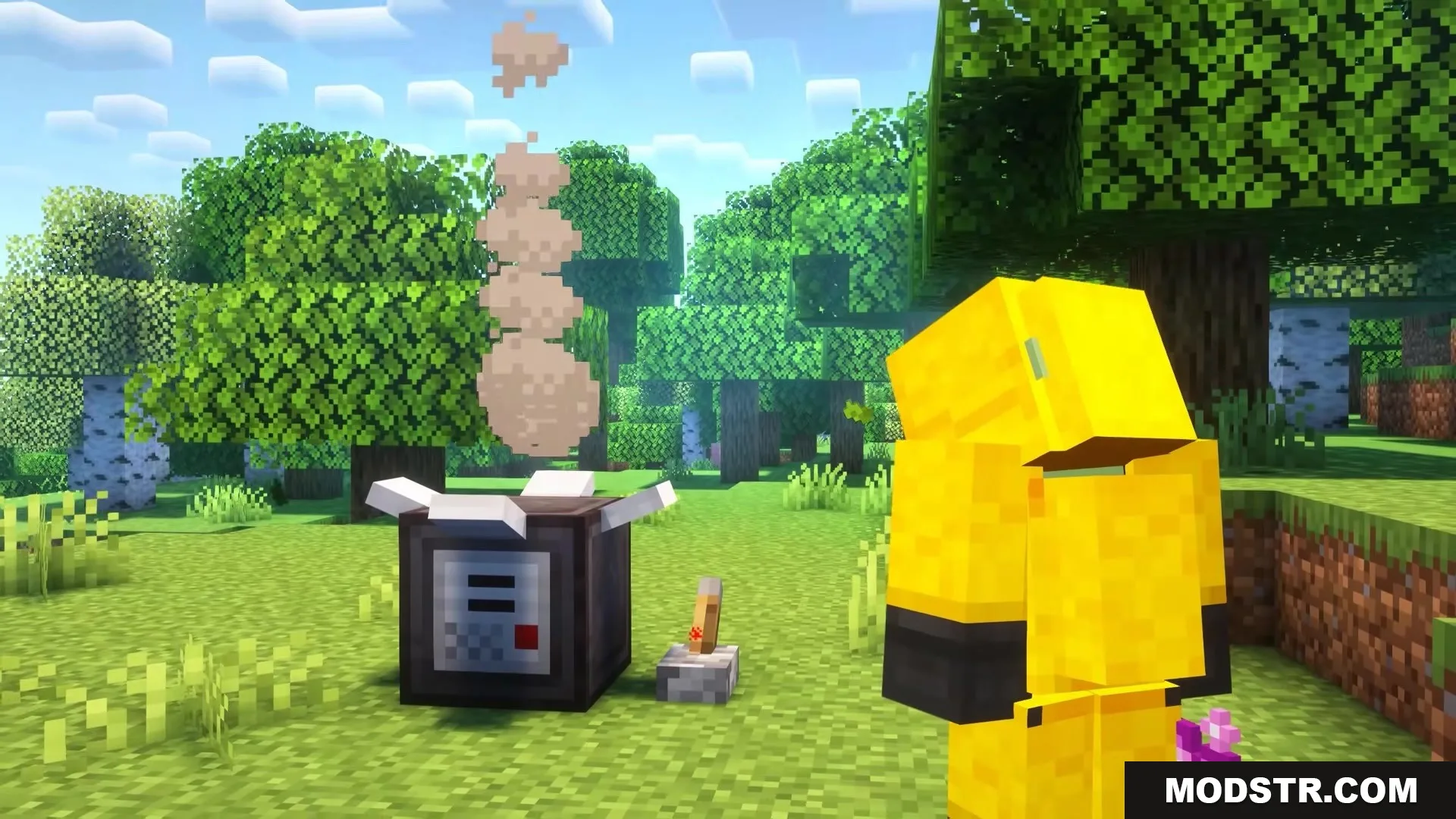 Didigetrobbed Mod Screenshot 2 A player in a yellow suit stands near a smoking machine block