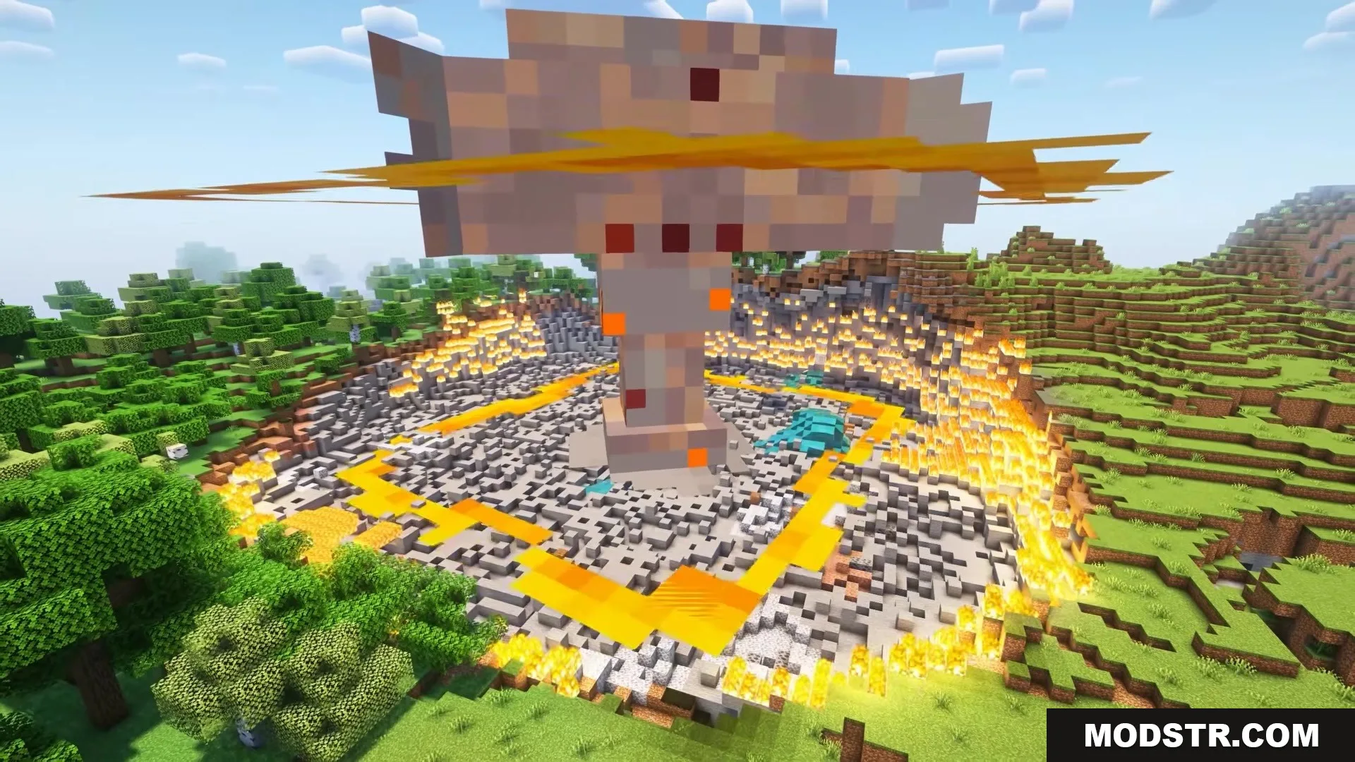 Didigetrobbed Mod Screenshot 6 A massive mushroom cloud rises from a fiery crater in a grassy biome