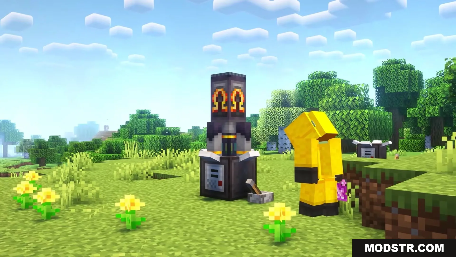 Didigetrobbed Mod Screenshot 4 A player wearing a yellow hazmat suit stands beside a tall technical machine