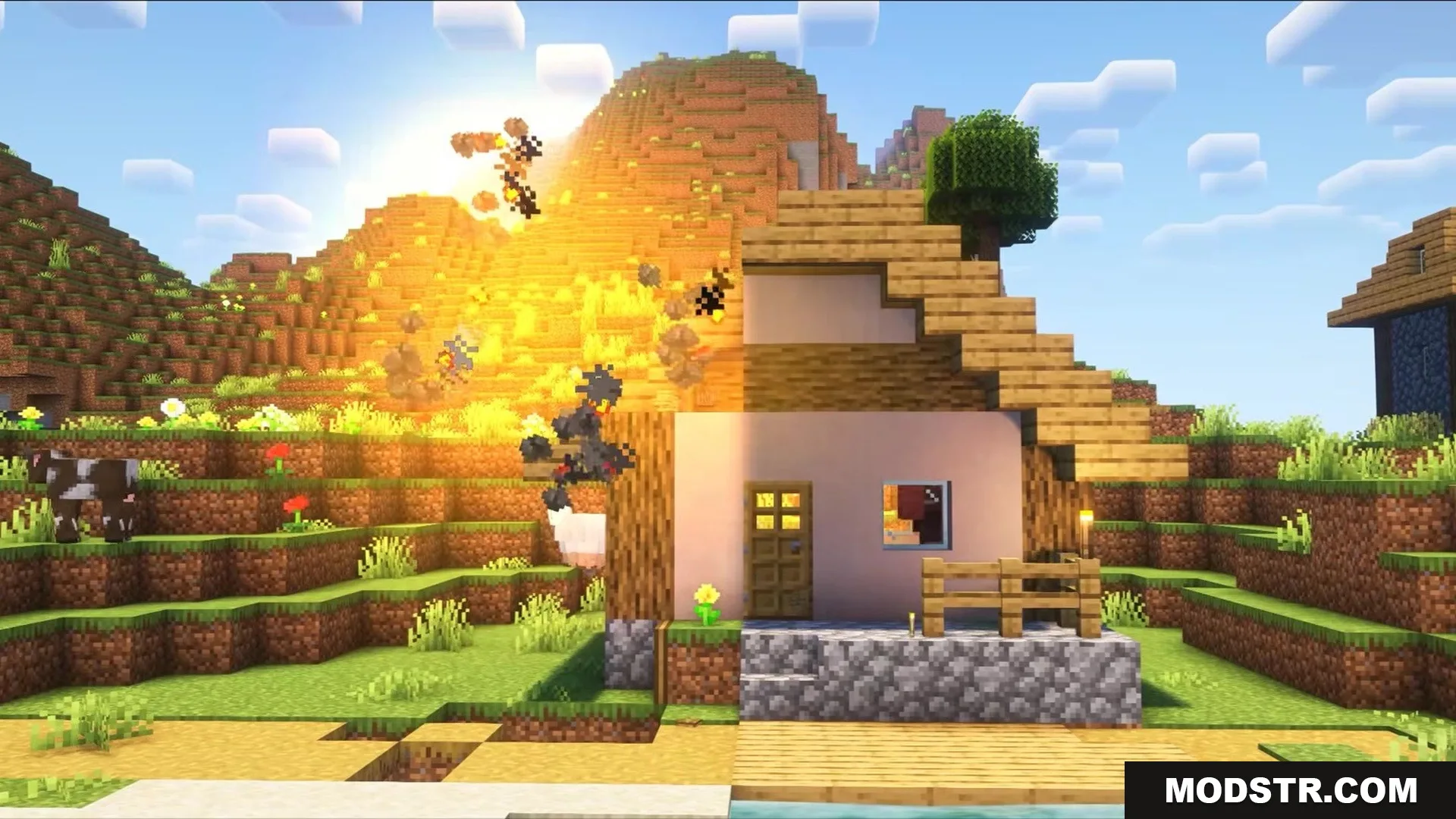 Didigetrobbed Mod Screenshot 1 A wooden house in Minecraft is being destroyed by a large explosion