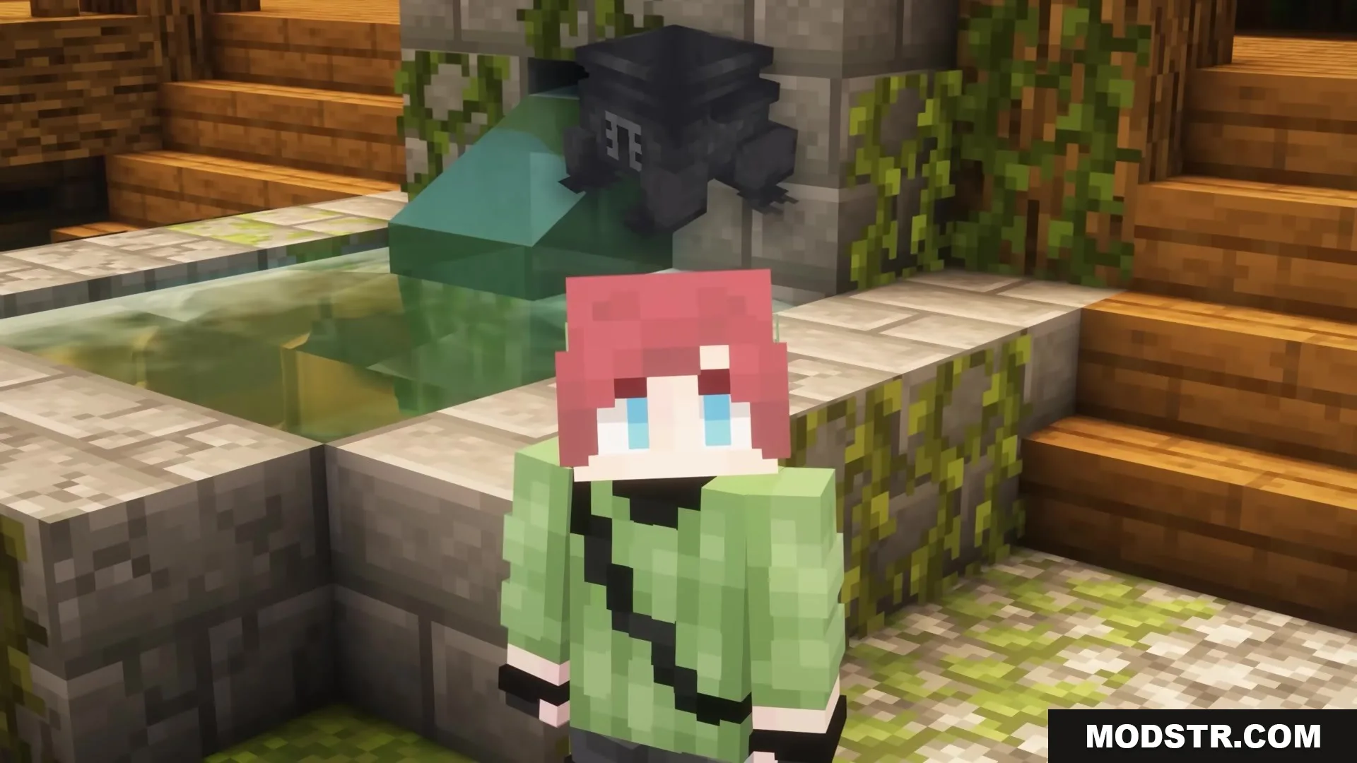 Dimension Red's Alchemy Resource Pack Screenshot 6 Minecraft character standing by a stone fountain with a custom black cauldron model