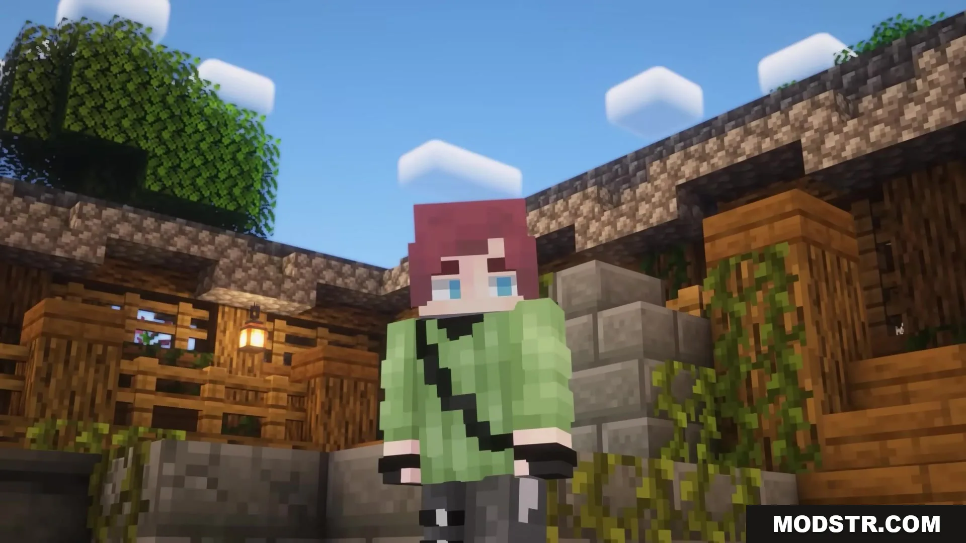 Dimension Red's Alchemy Resource Pack Screenshot 5 Minecraft character with red hair standing in front of a wooden house