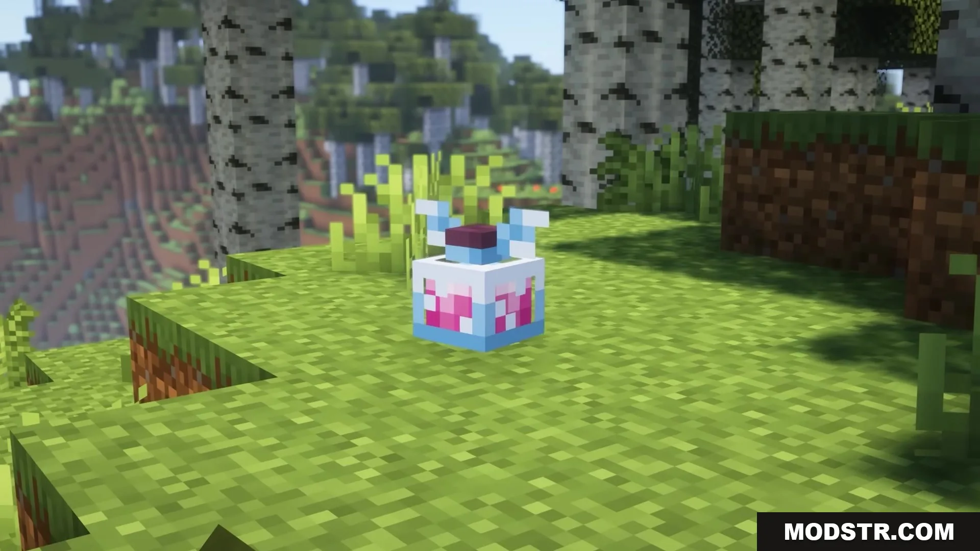 Dimension Red's Alchemy Resource Pack Screenshot 4 A single 3D potion bottle sitting on the grass in a forest