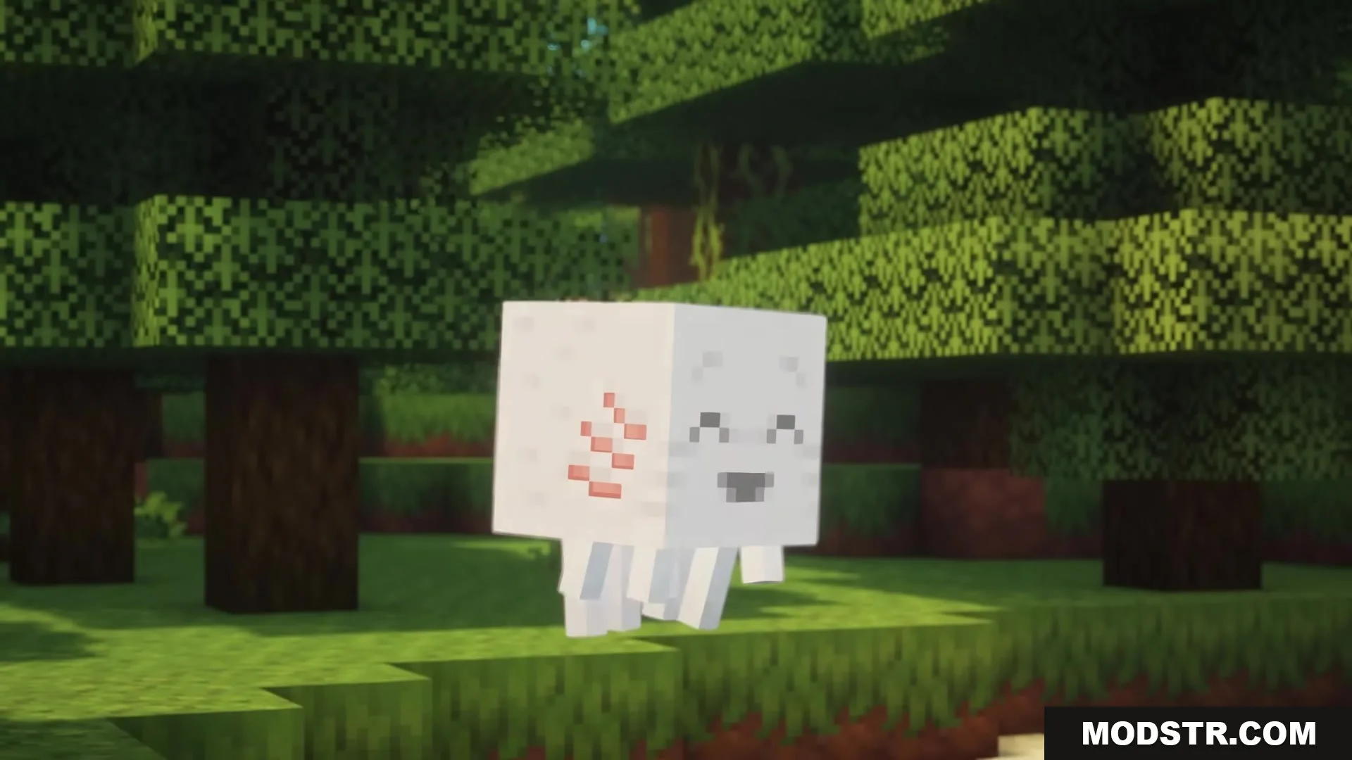 Dimension Red's Alchemy Resource Pack Screenshot 1 A small white blocky creature with red markings standing in a forest