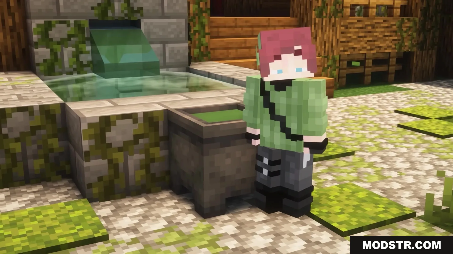 Dimension Red's Alchemy Resource Pack Screenshot 7 Minecraft character standing by a cauldron with green liquid near a stone fountain