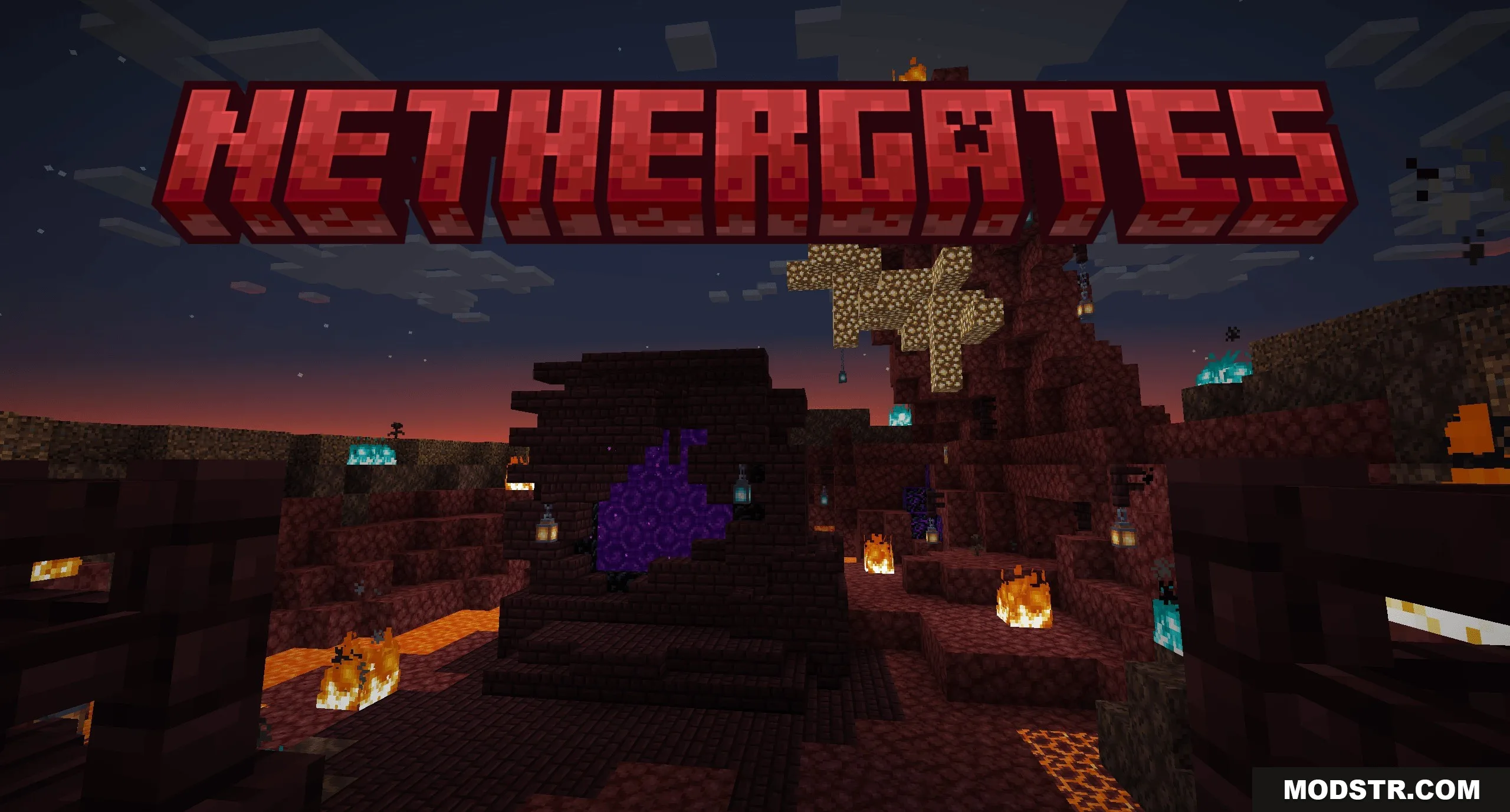Dimensional Breach Scars Data Pack Screenshot 8 A nether portal structure at night featuring fire and glowing soul lanterns