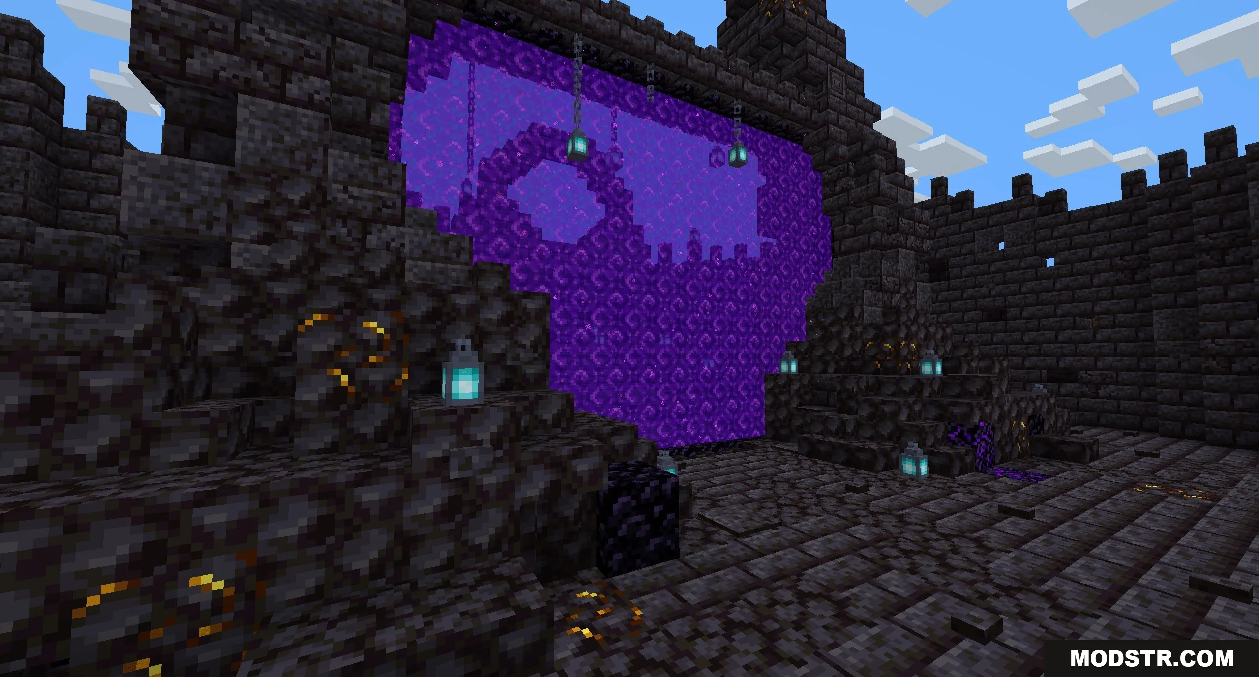 Dimensional Breach Scars Data Pack Screenshot 1 A large purple Nether portal decorated with soul lanterns and blackstone blocks