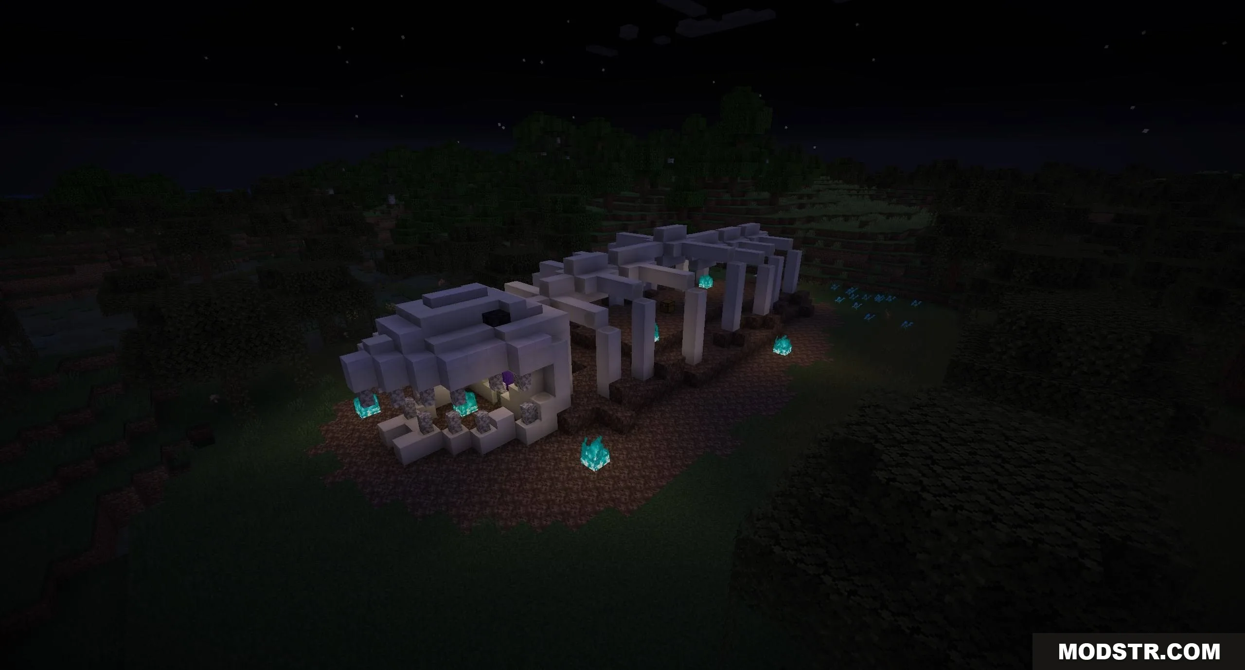 Dimensional Breach Scars Data Pack Screenshot 6 A giant skeleton ribcage structure with soul fire in a dark field