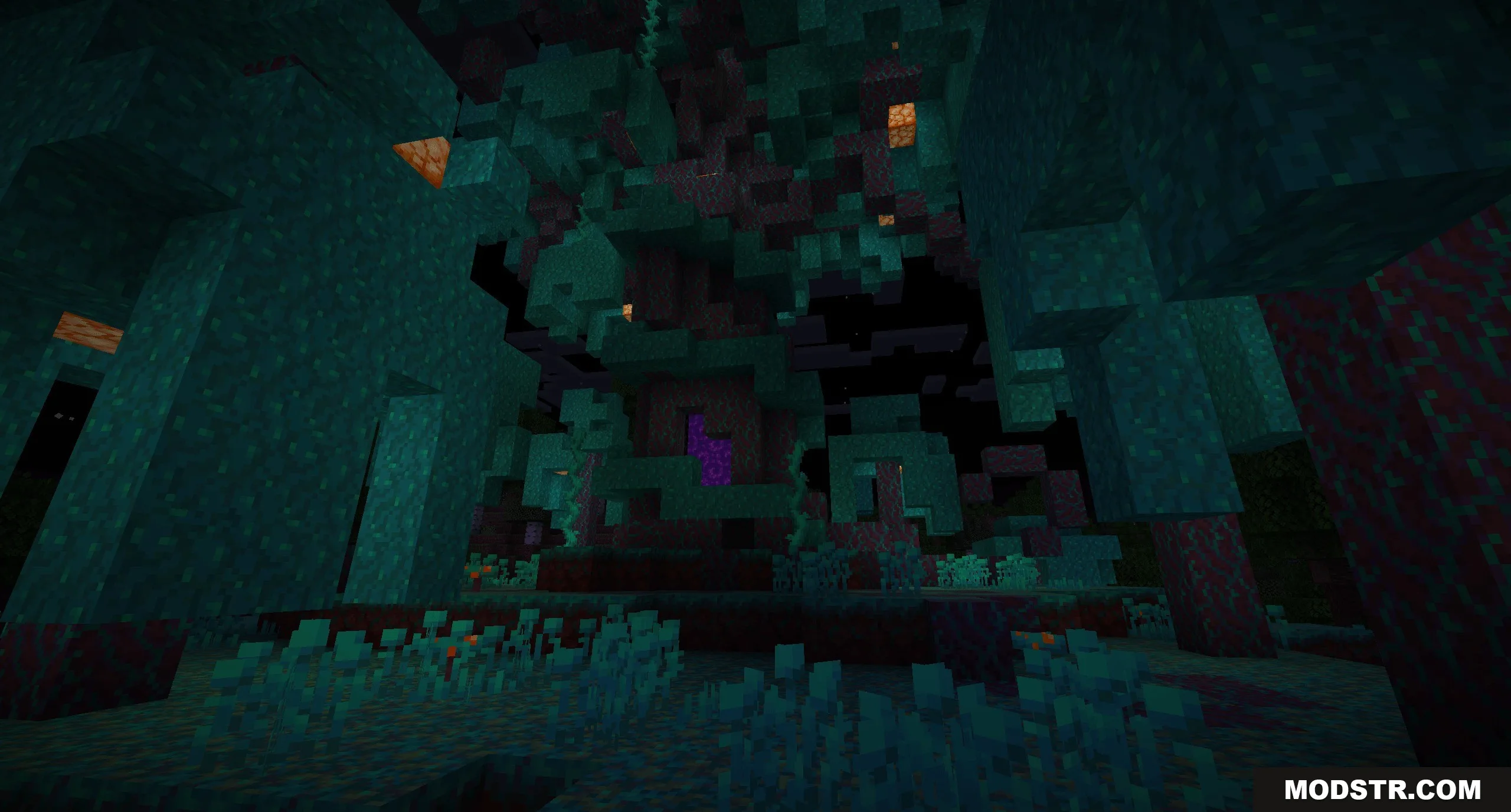 Dimensional Breach Scars Data Pack Screenshot 4 Warped forest portal structure surrounded by warped blocks in a dark forest