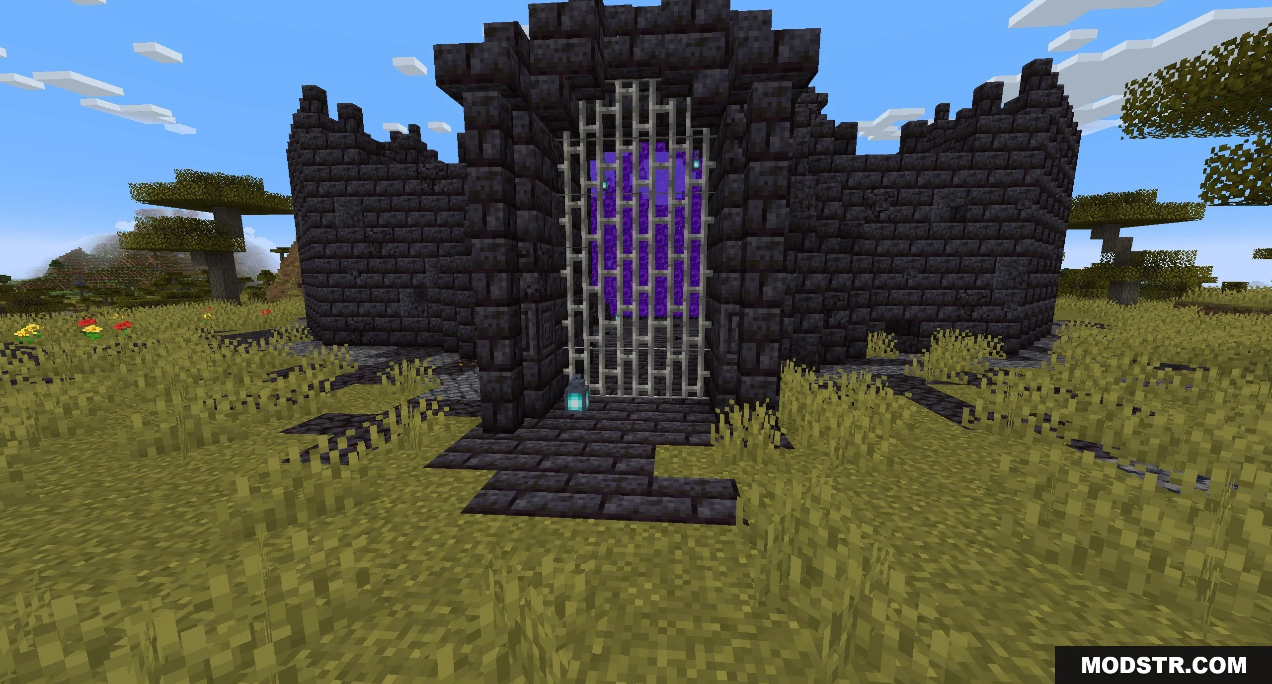 Dimensional Breach Scars Data Pack Screenshot 2 A blackstone fortress gate in the savanna biome containing a Nether portal
