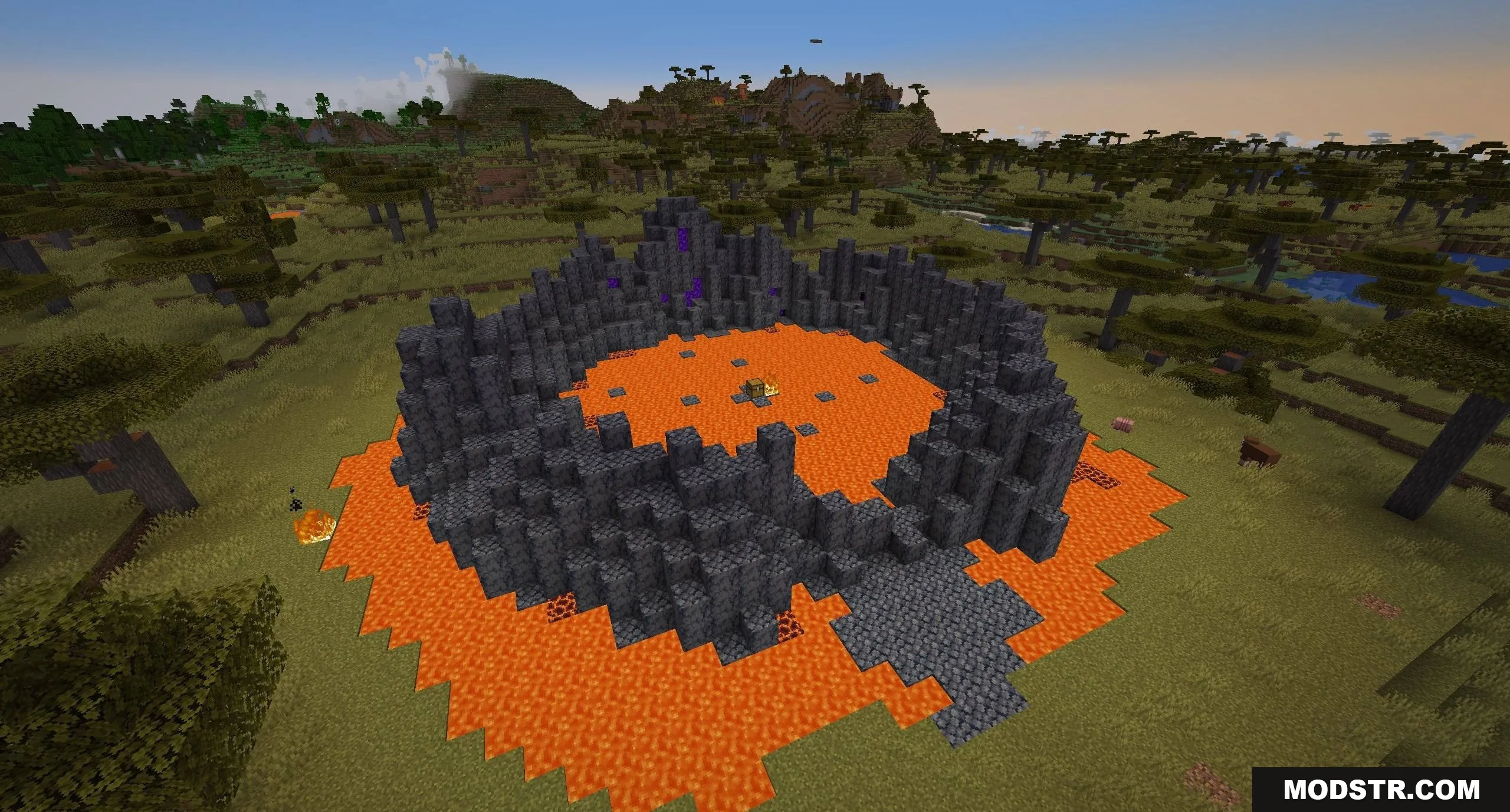 Dimensional Breach Scars Data Pack Screenshot 3 Basalt Deltas portal structure with a lava pool and a treasure chest