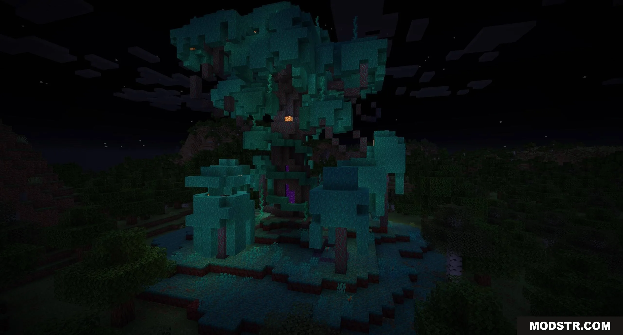 Dimensional Breach Scars Data Pack Screenshot 5 A massive warped forest tree structure with a nether portal at night