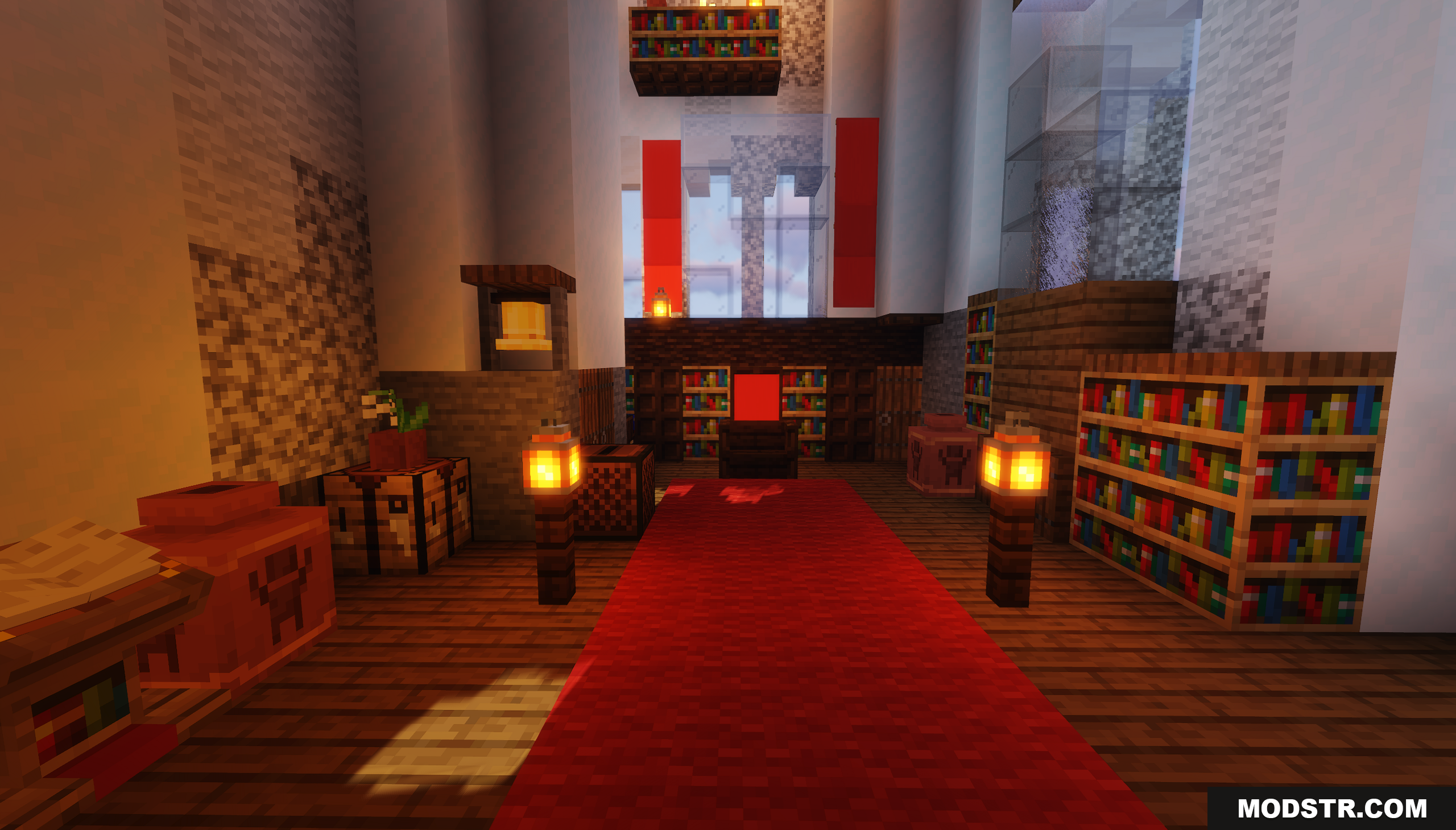 Diorite Castle Map Screenshot 9 A castle throne room with a red carpet and bookshelves