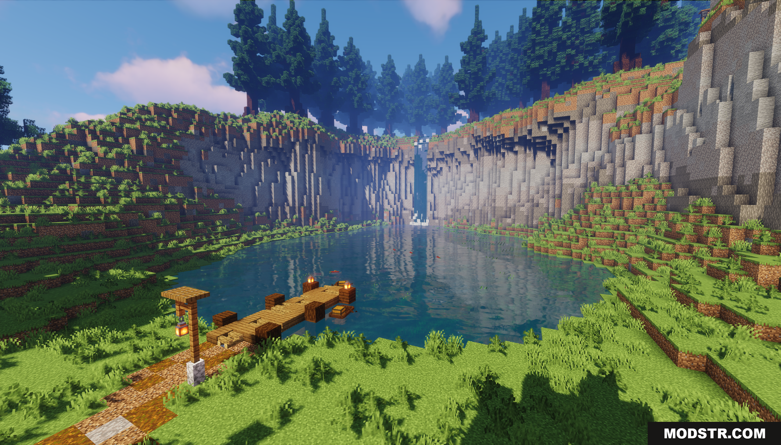 Diorite Castle Map Screenshot 3 A small wooden dock on a peaceful cliffside lake