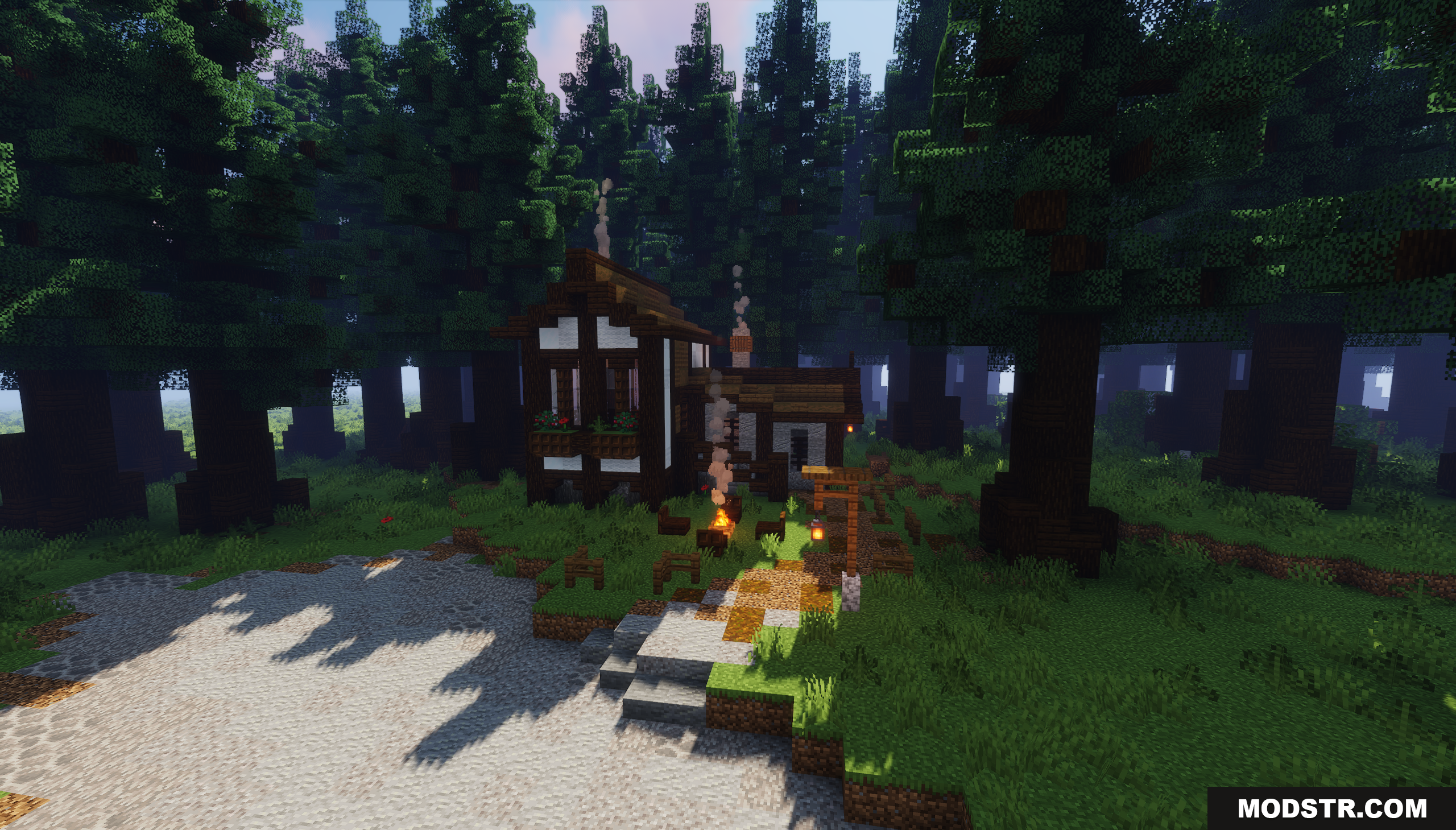 Diorite Castle Map Screenshot 6 A small rustic house with a campfire in the woods