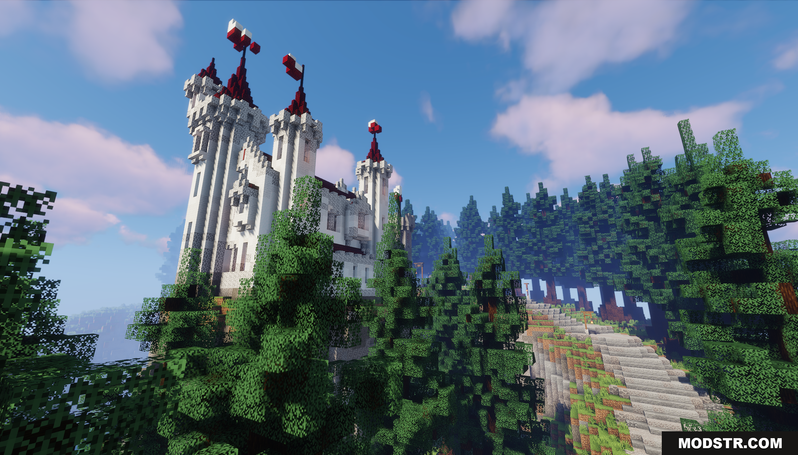 Diorite Castle Map Screenshot 7 A white diorite castle with red towers in a forest