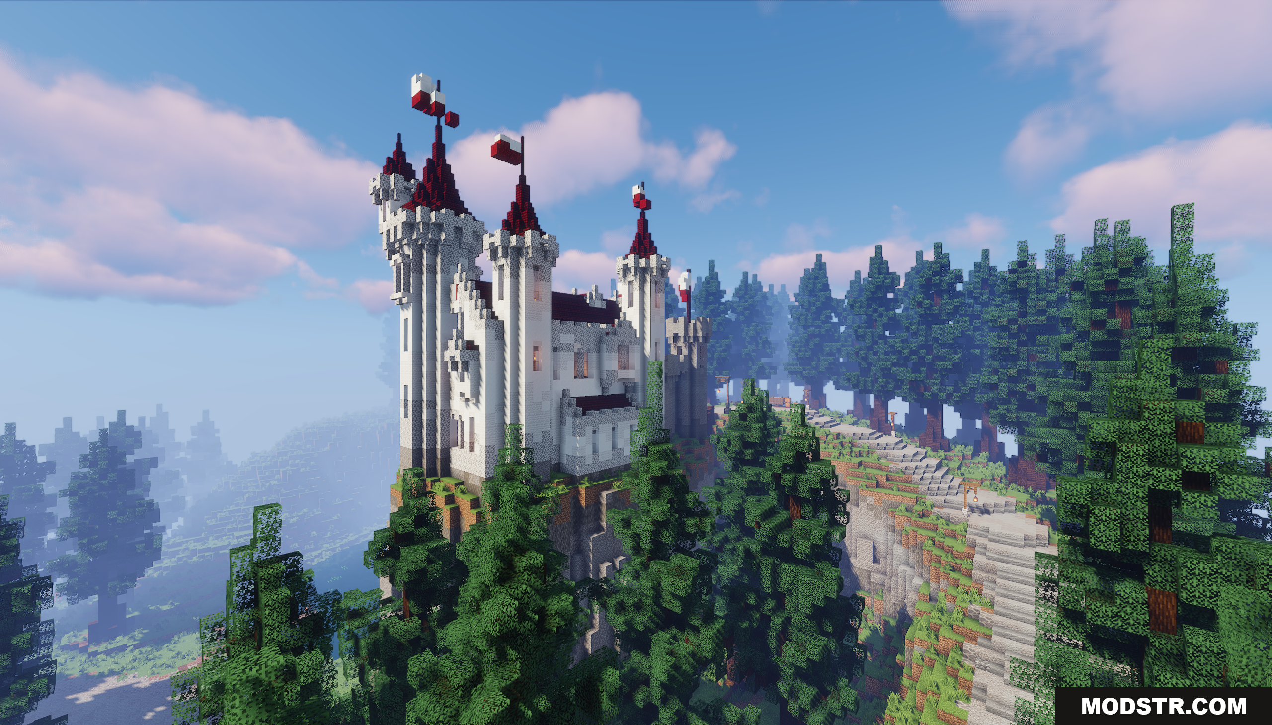 Diorite Castle Map Screenshot 5 A white castle with red roofs towers above the forest