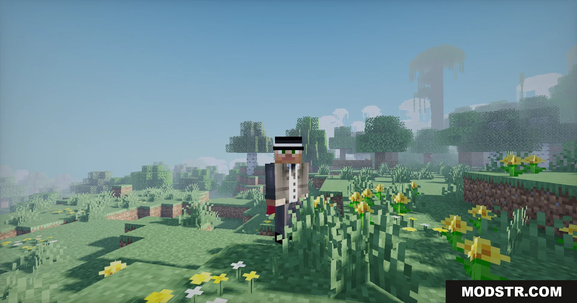 Minecraft character in a suit standing in a bright field with yellow flowers