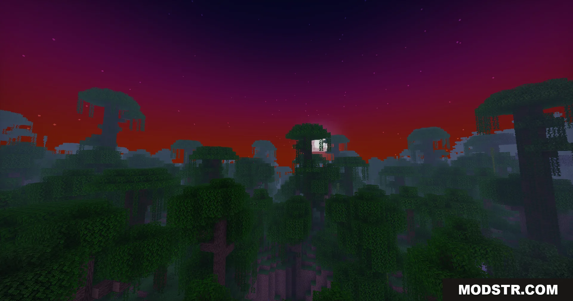 Doruk Shaders creates a vibrant red sunset over a dense jungle biome