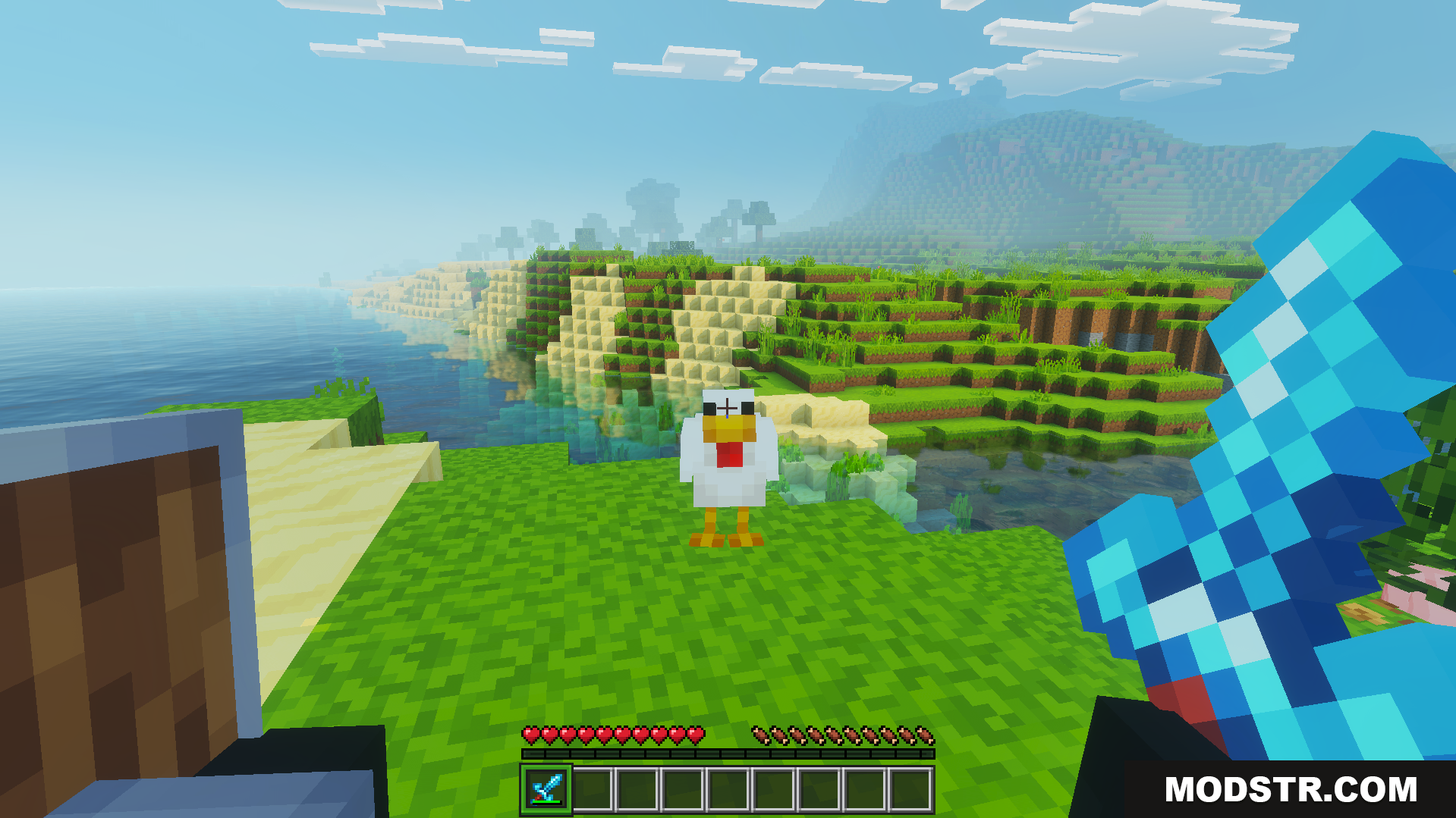 DoubleHands Addon Screenshot 3 First person view holding shield in offhand and diamond sword in right hand