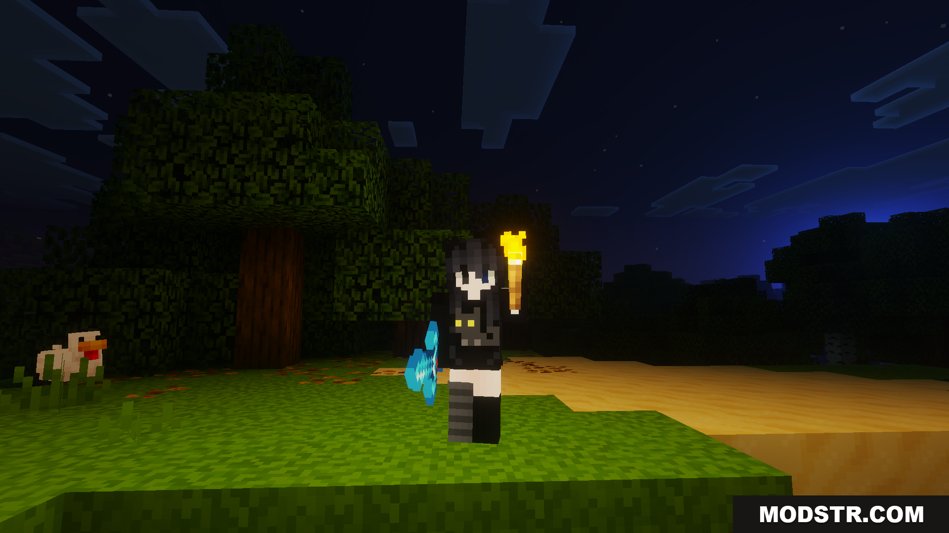 DoubleHands Addon Screenshot 4 Character holding glowing torch in left hand and sword at night time